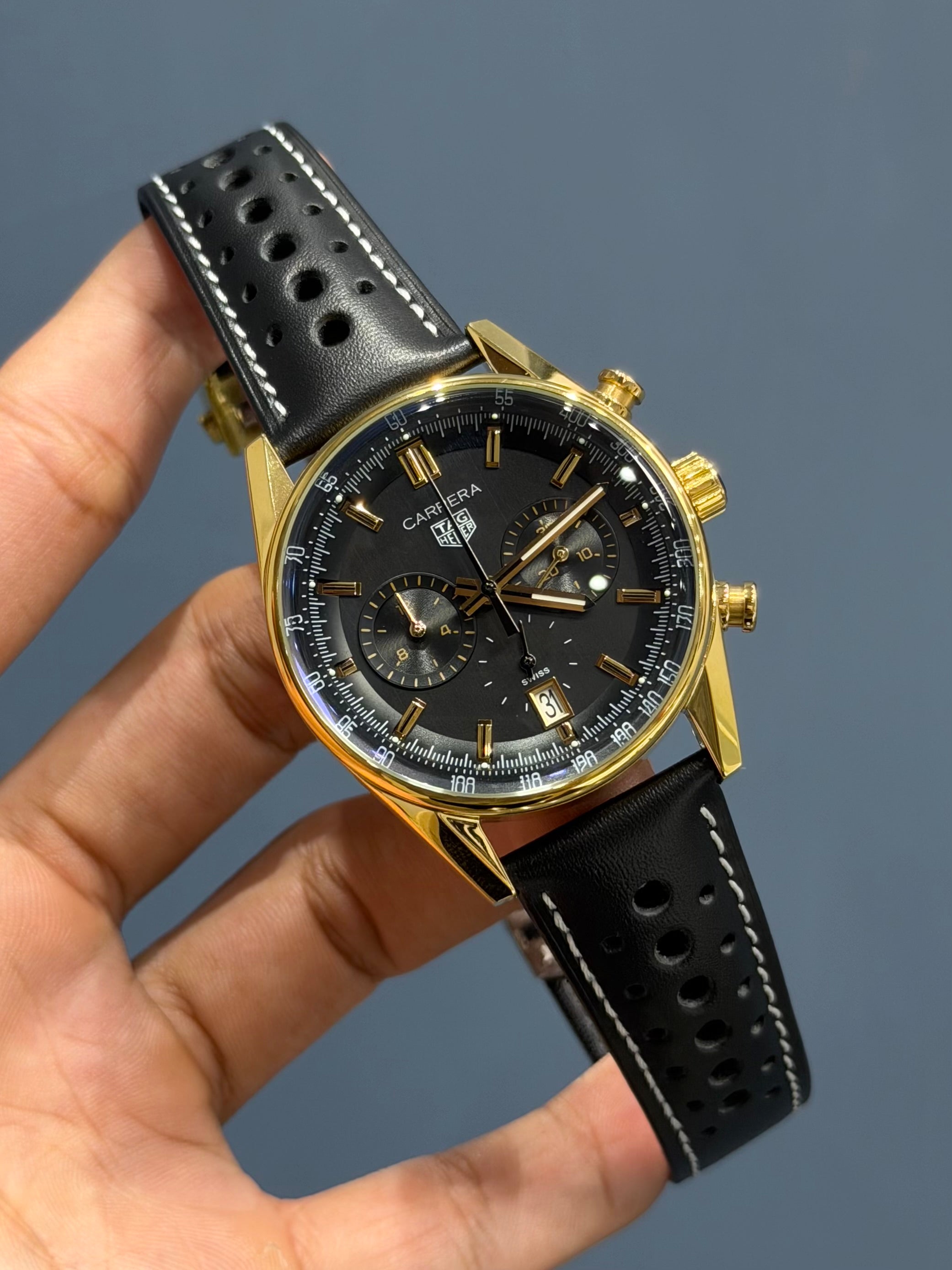 NEW COLLECTION CHRONOGRAPH GOLD CASE WITH BLACK DIAL & BEZEL WITH LEATHER STRAP