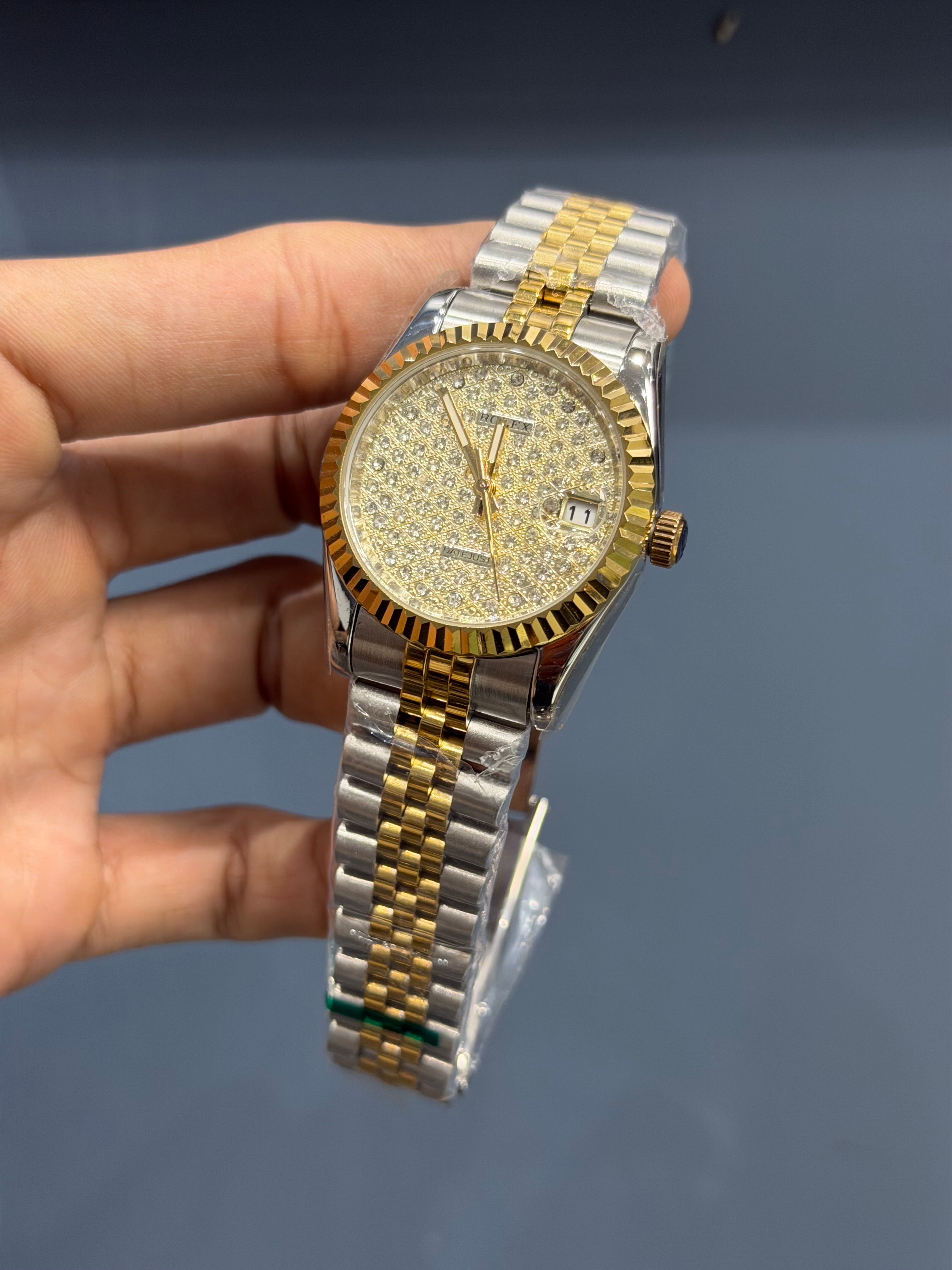 NEW COLLECTION 36 YELLOW TWOTONE WITH FULL STONE DIAL AUTOMATIC WATCH ZR FACTORY