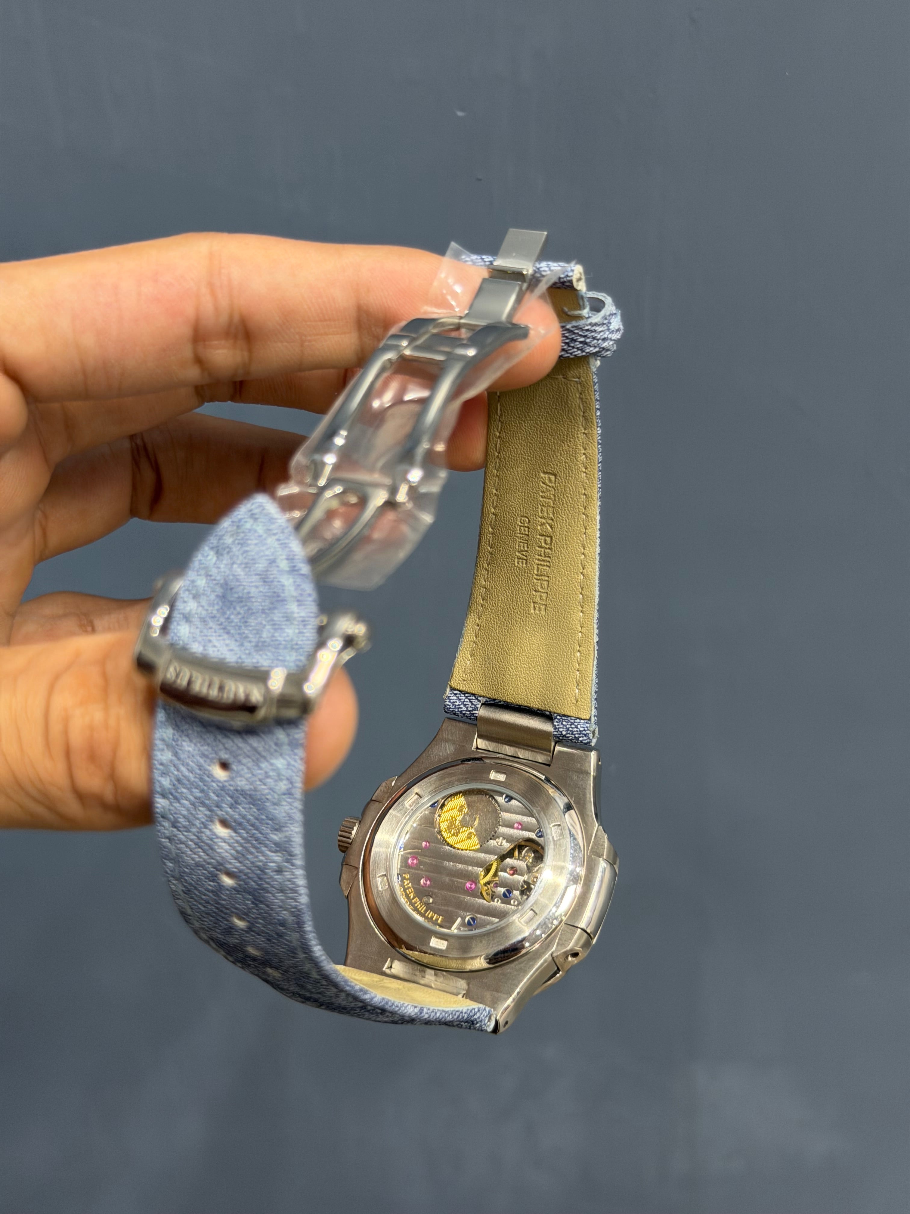 NEW COLLECTION MOON PHASE SILVER WITH SKY DIAL DEMIN STRAP AUTOMATIC WATCH