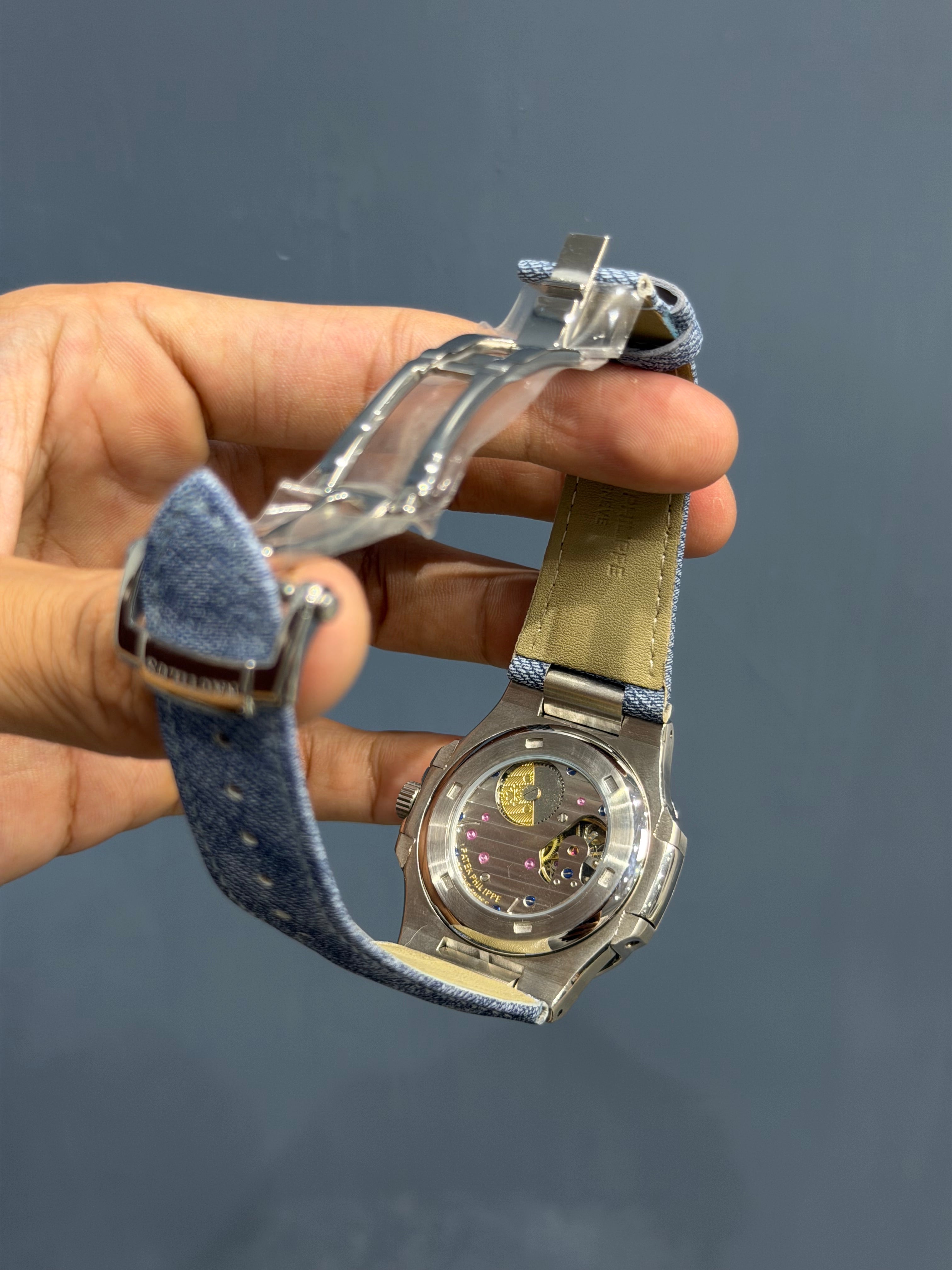 NEW COLLECTION MOON PHASE SILVER WITH SKY DIAL DEMIN STRAP AUTOMATIC WATCH