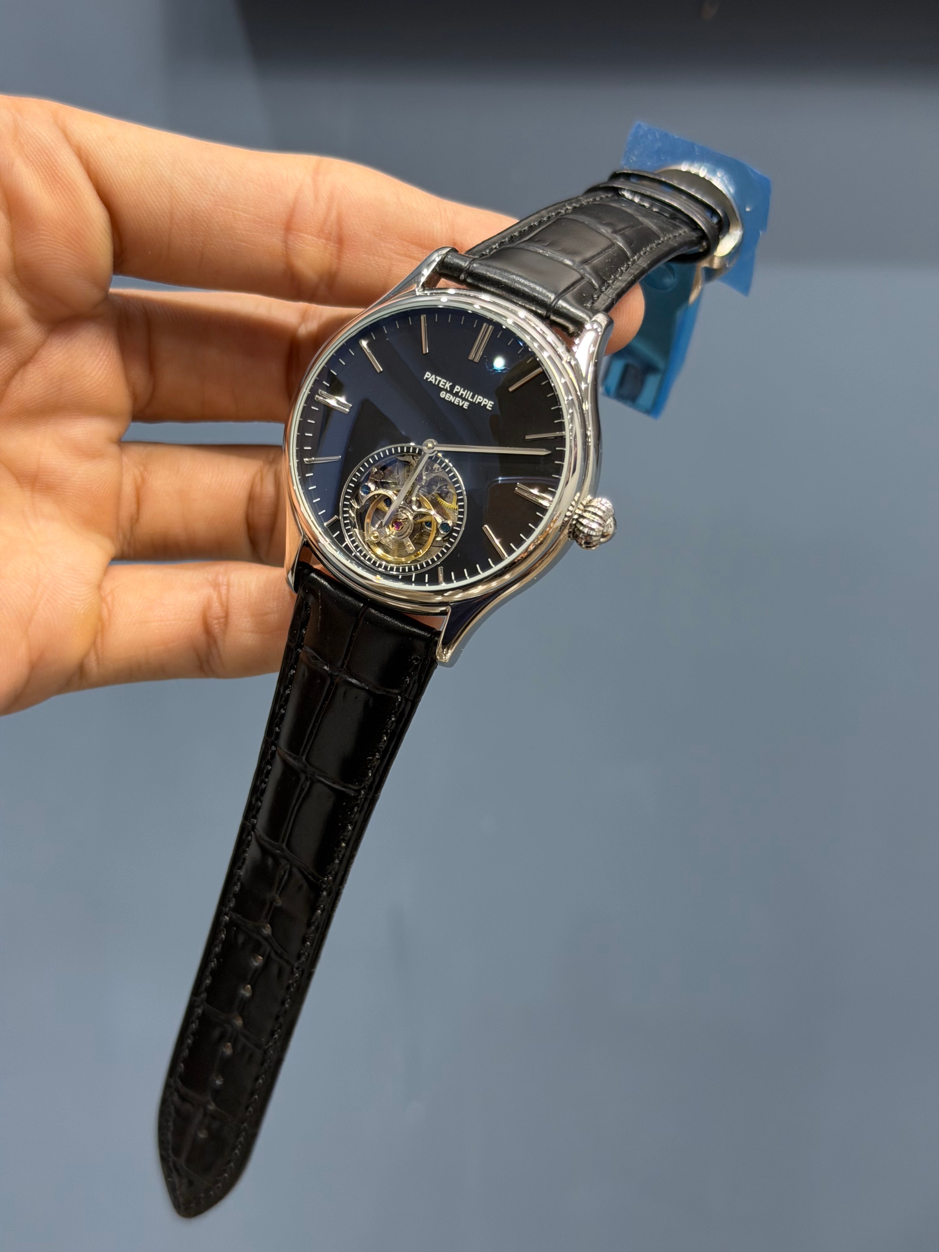 NEW COLLECTION TOURBILLON SILVER CASE WITH BLACK DIAL & BLACK LEATHER STRAP