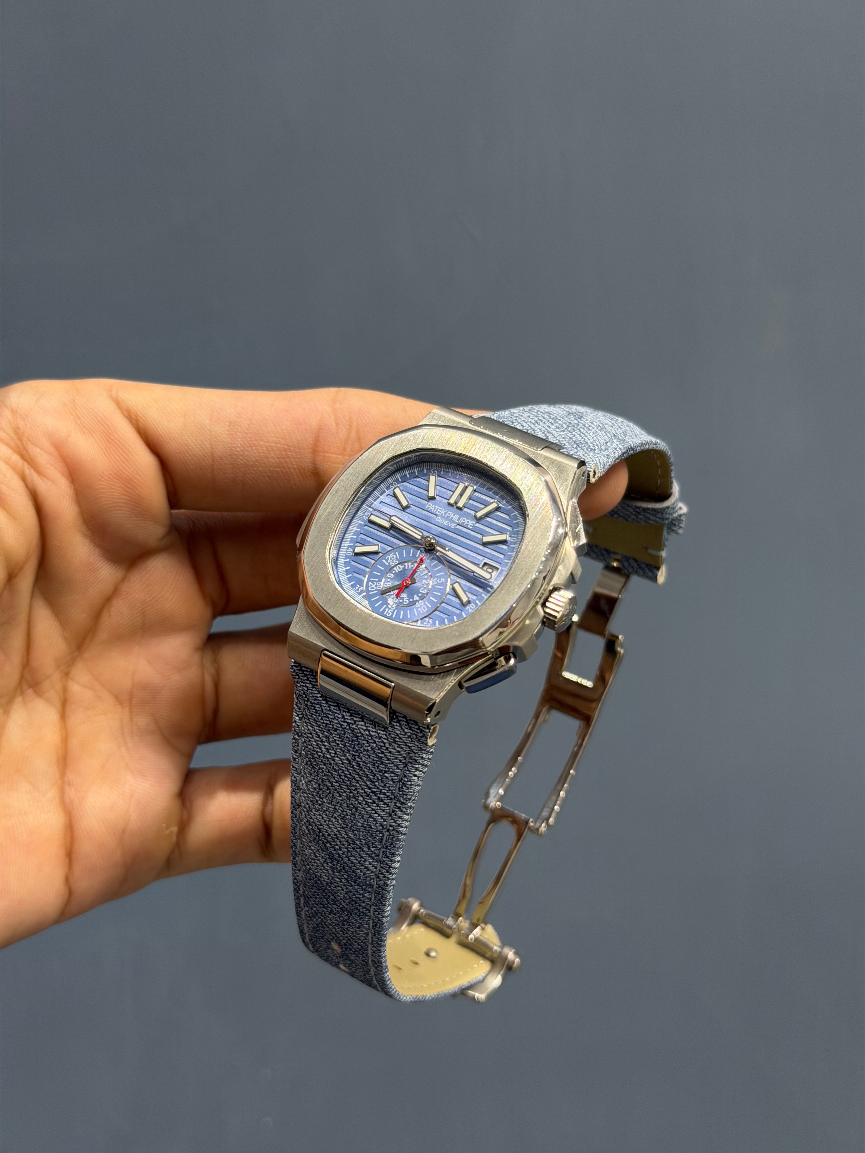NEW COLLECTION DOWN SECOND SILVER WITH SKY DIAL DENIM STRAP AUTOMATIC WATCH