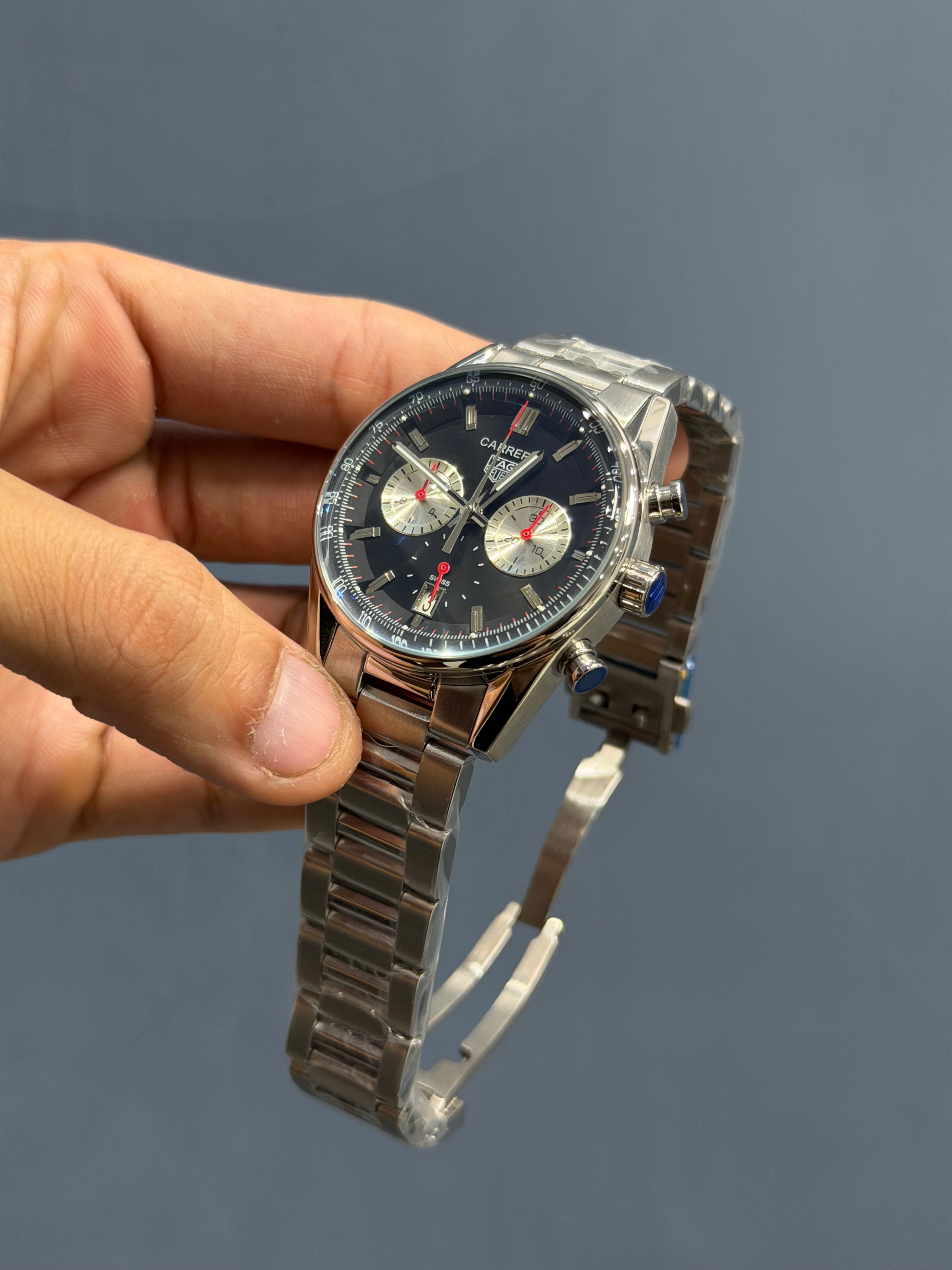 NEW COLLECTION CHRONOGRAPH SILVER CASE WITH BLACK DIAL AND CHAIN WATCH