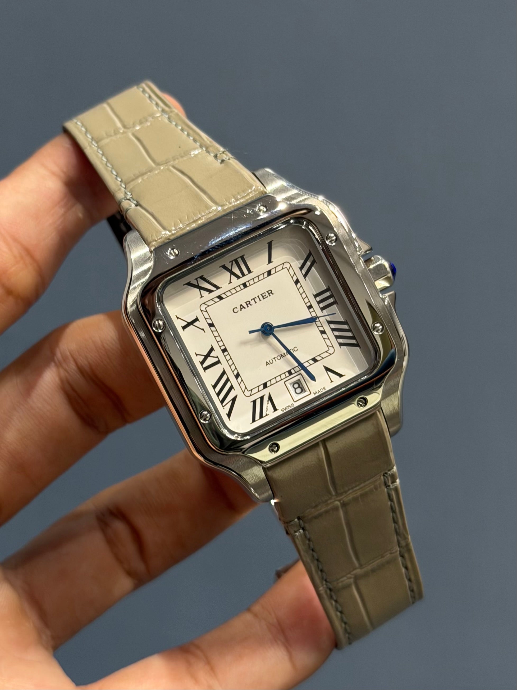 NEW COLLECTION SILVER CASE WITH WHITE DIAL & GREY LEATHER STRAP