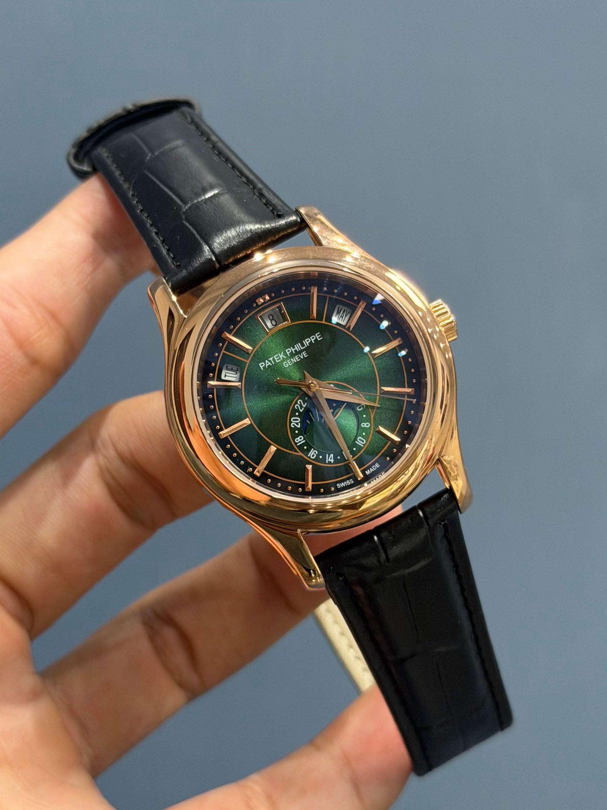 NEW COLLECTION MOON PHASE ROSE GOLD CASE WITH GREEN DIAL & BLACK LEATHER STRAP