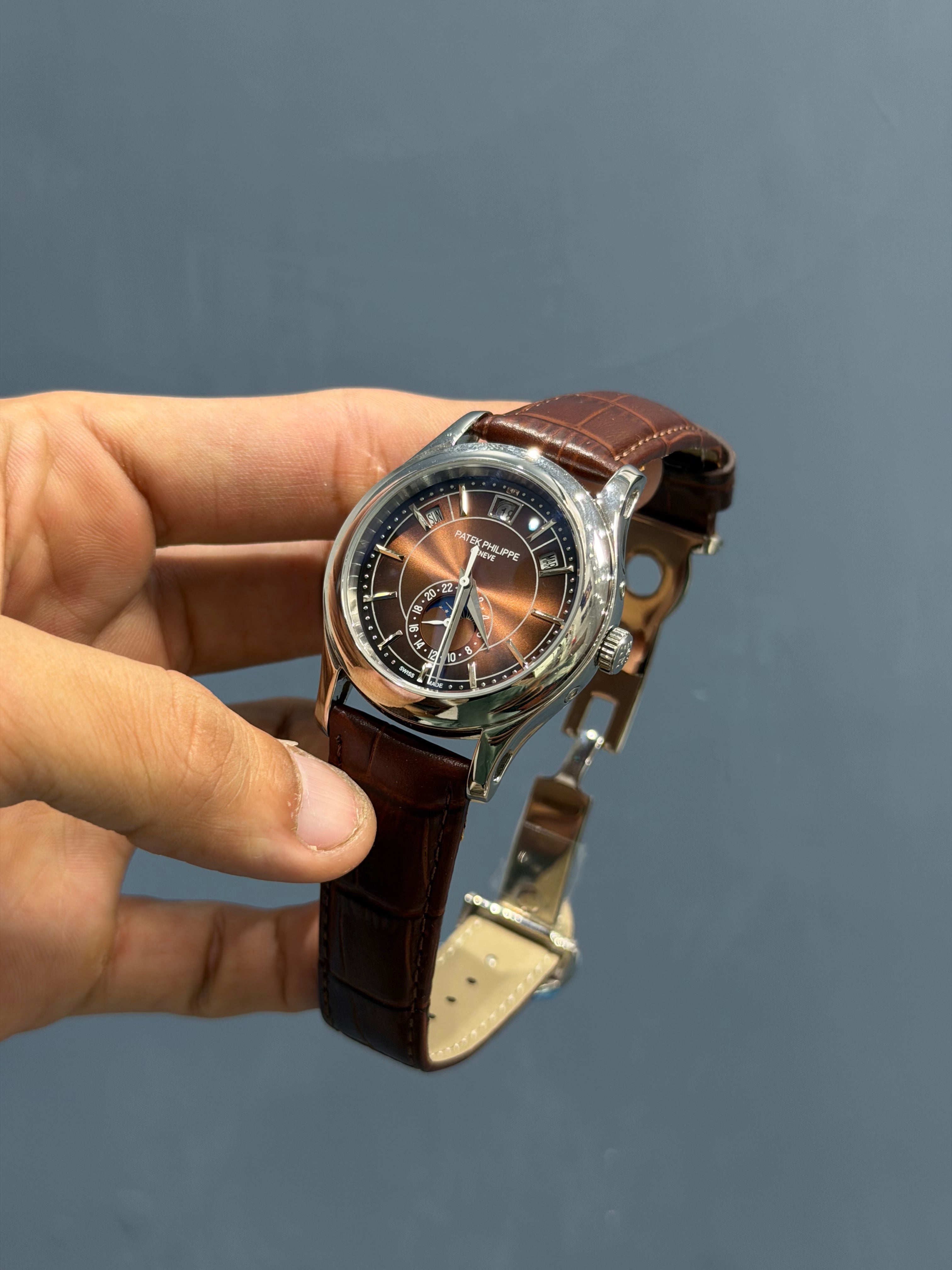 NEW COLLECTION MOON PHASE SILVER CASE WITH BROWN DIAL & LEATHER STRAP