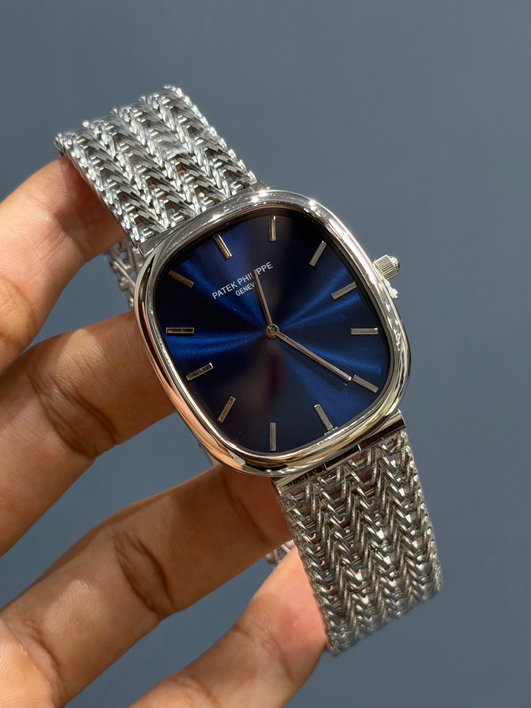 NEW COLLECTION SQUARE SILVER WITH BLUE DIAL CHAIN WATCH