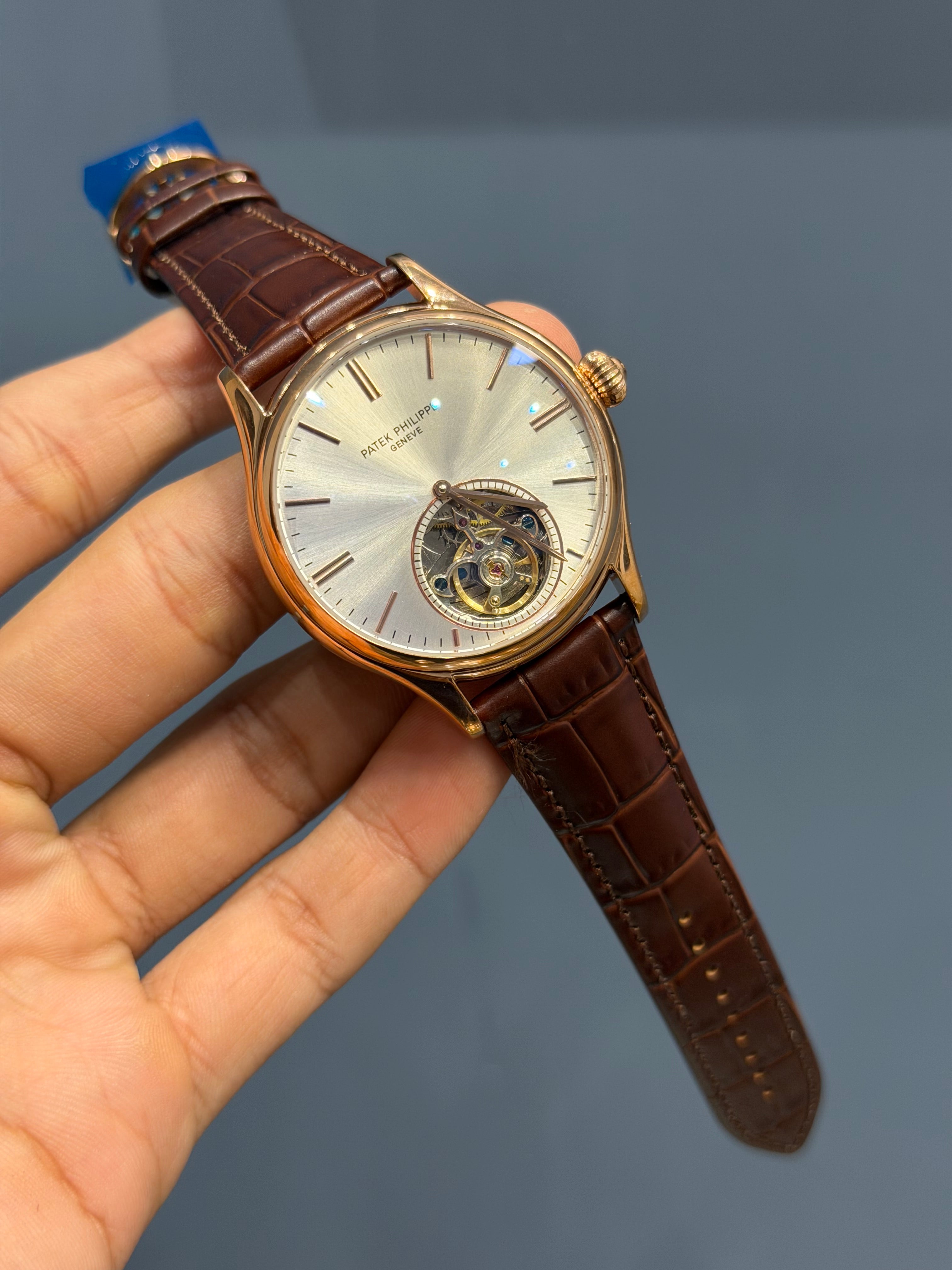 NEW COLLECTION TOURBILLON ROSE CASE WITH WHITE DIAL & BROWN LEATHER STRAP