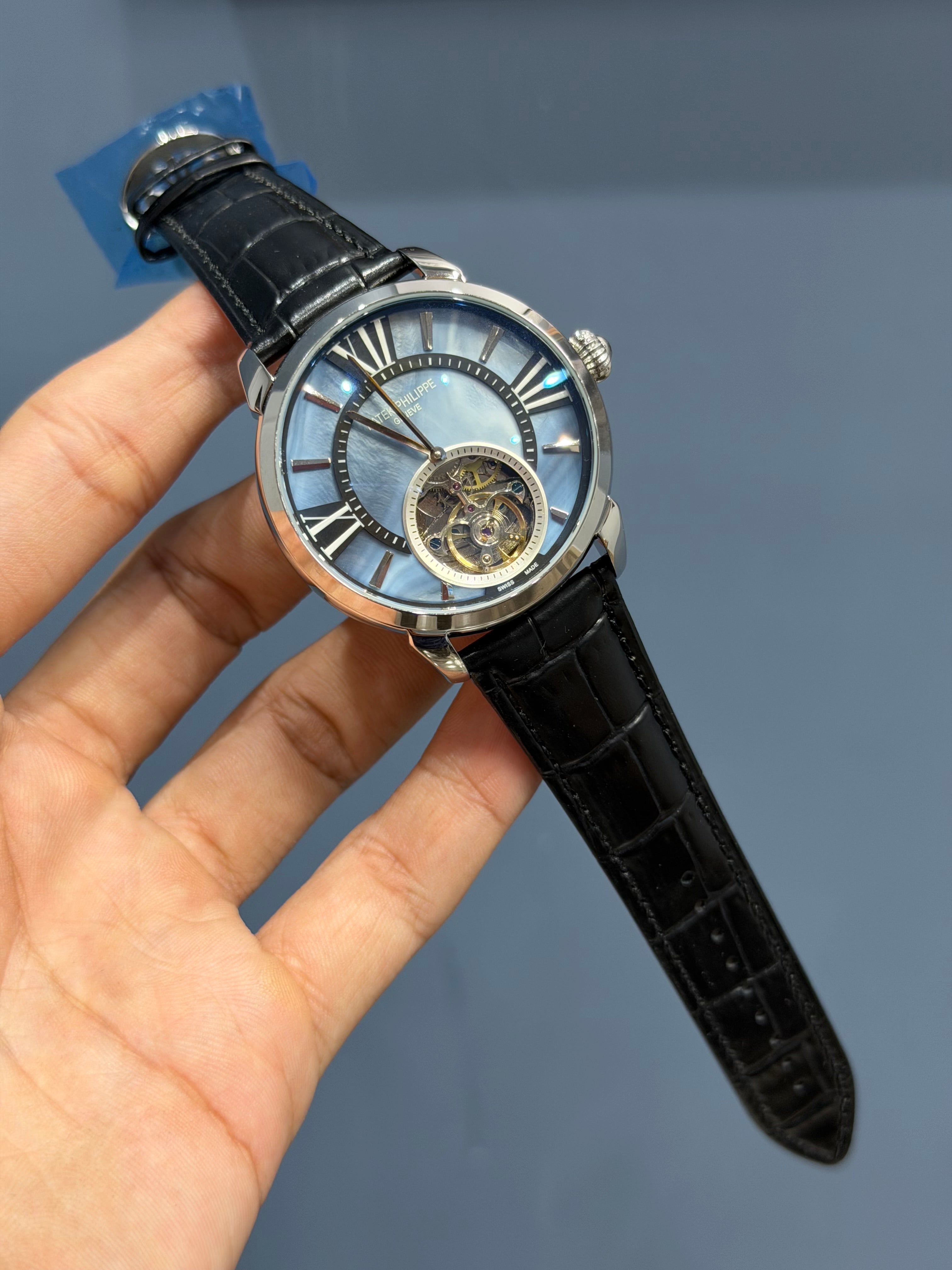 NEW COLLECTION TOURBILLON SILVER CASE WITH BLUE PEARL DIAL & BLACK LEATHER STRAP
