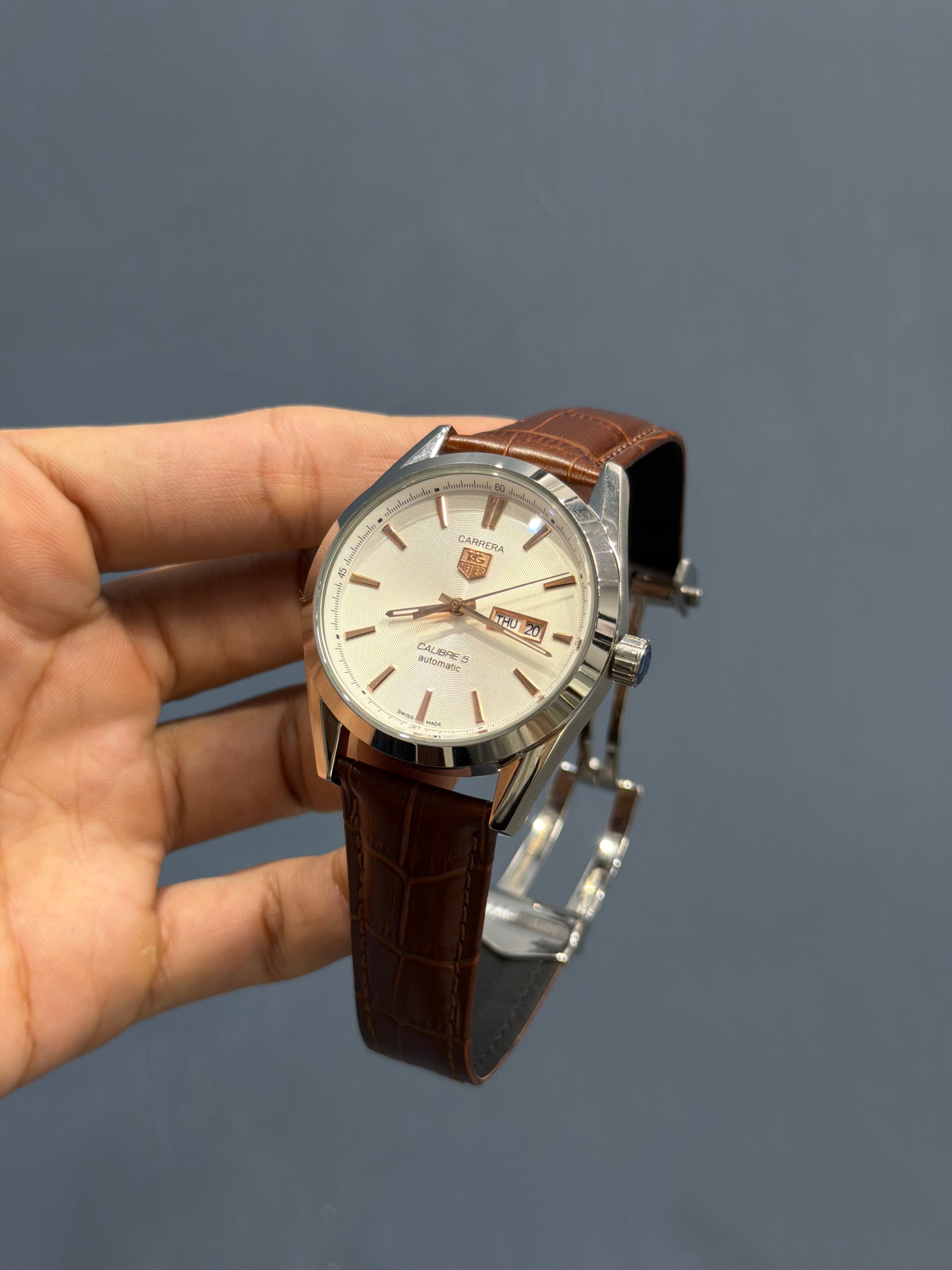 NEW COLLECTION SILVER CASE WITH DIAL LEATHER STRAP AUTOMATIC WATCH FOR MEN