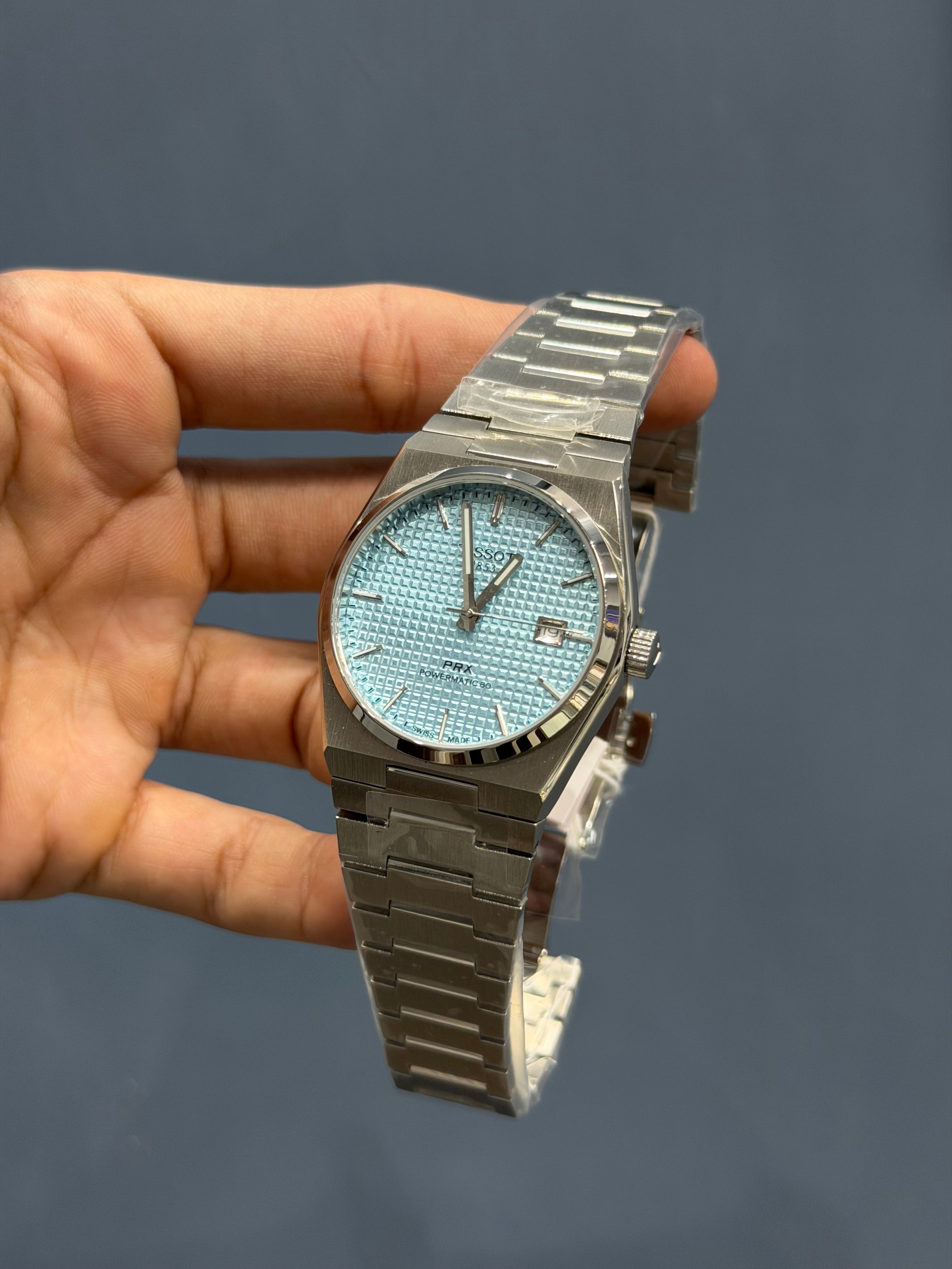 NEW COLLECTION SILVER WITH SKY BLUE TEXTURED DIAL STAINLESS STEEL AUTOMATIC WATCH