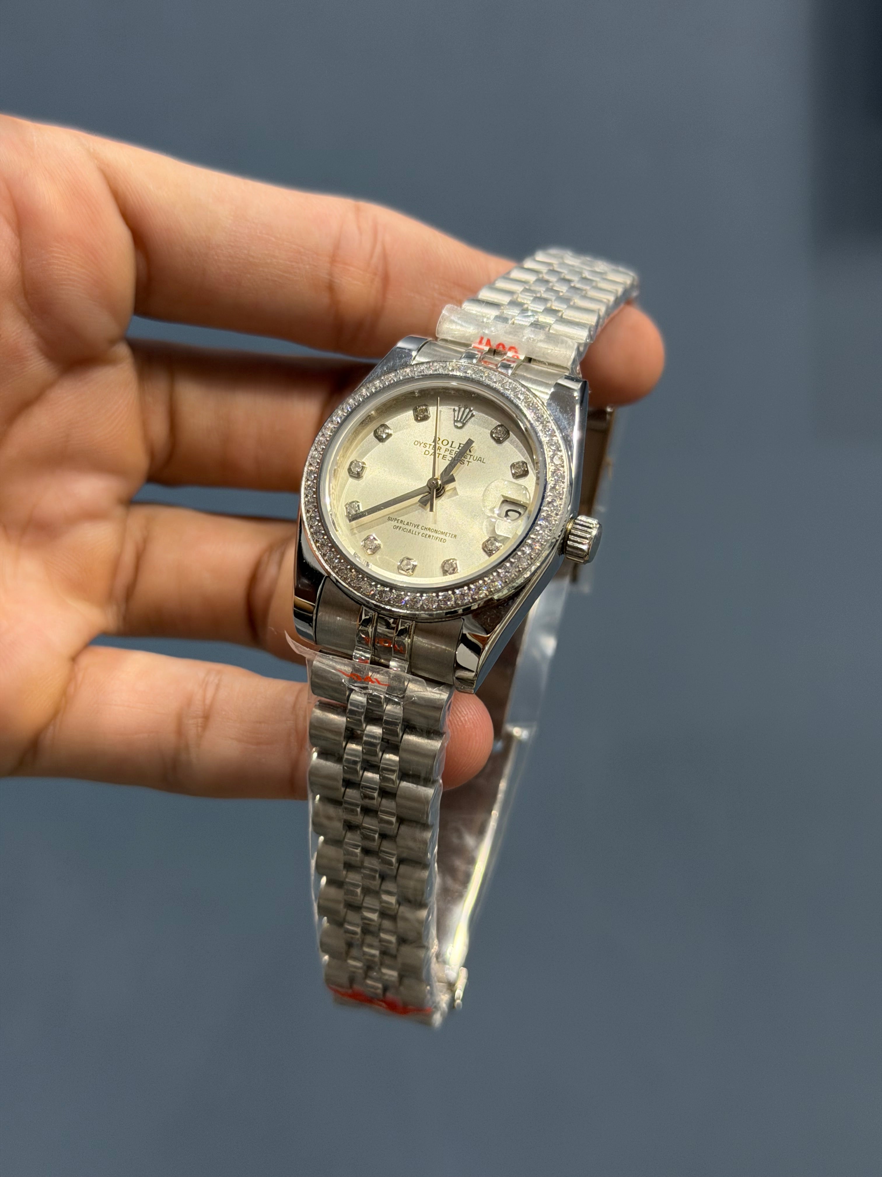 NEW COLLECTION 31 SILVER CHAIN WITH WHITE DIAL STONE BEZEL AUTOMATIC WATCH