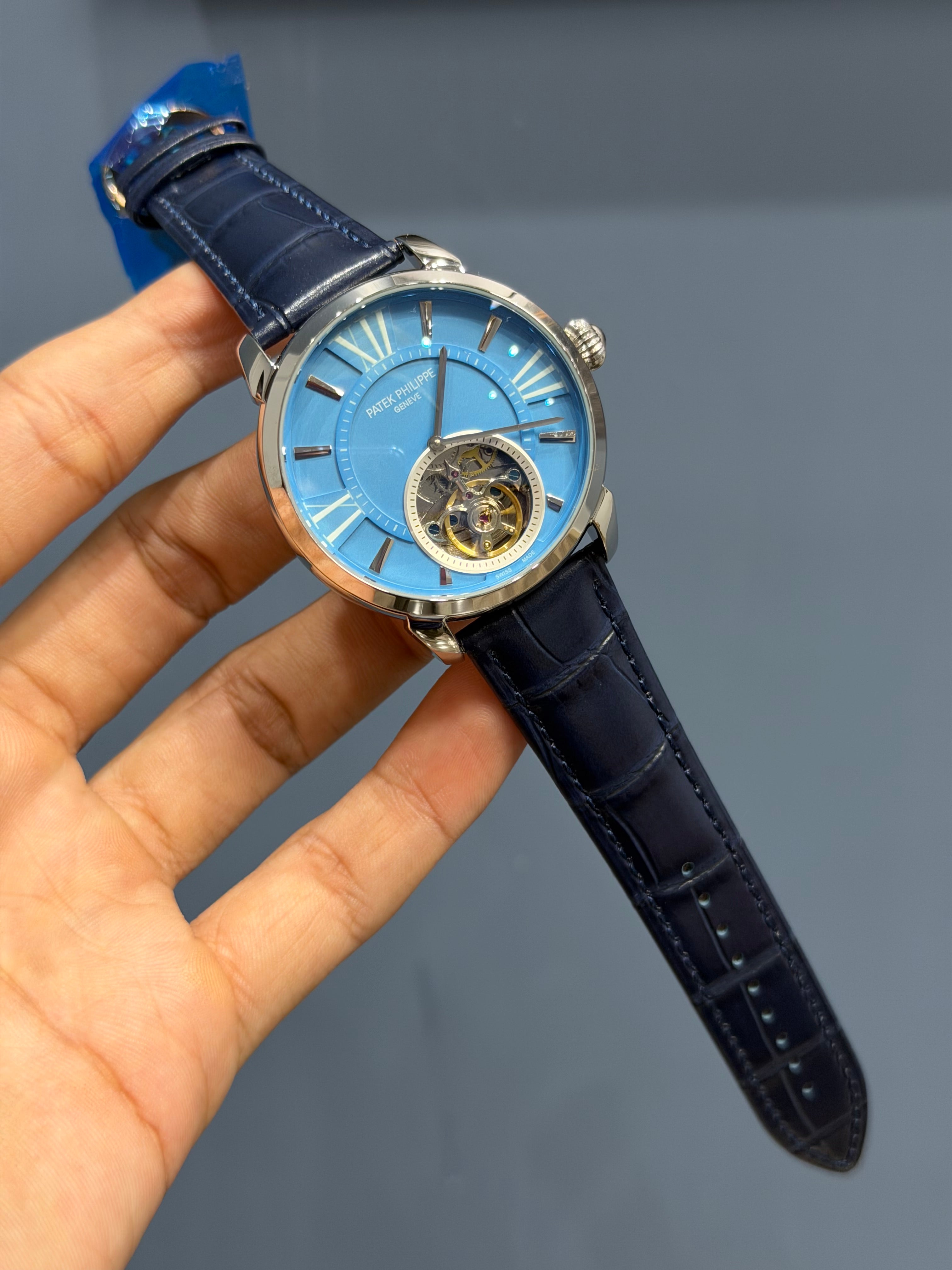 NEW COLLECTION TOURBILLON SILVER CASE WITH SKYBLUE DIAL & BLUE LEATHER STRAP