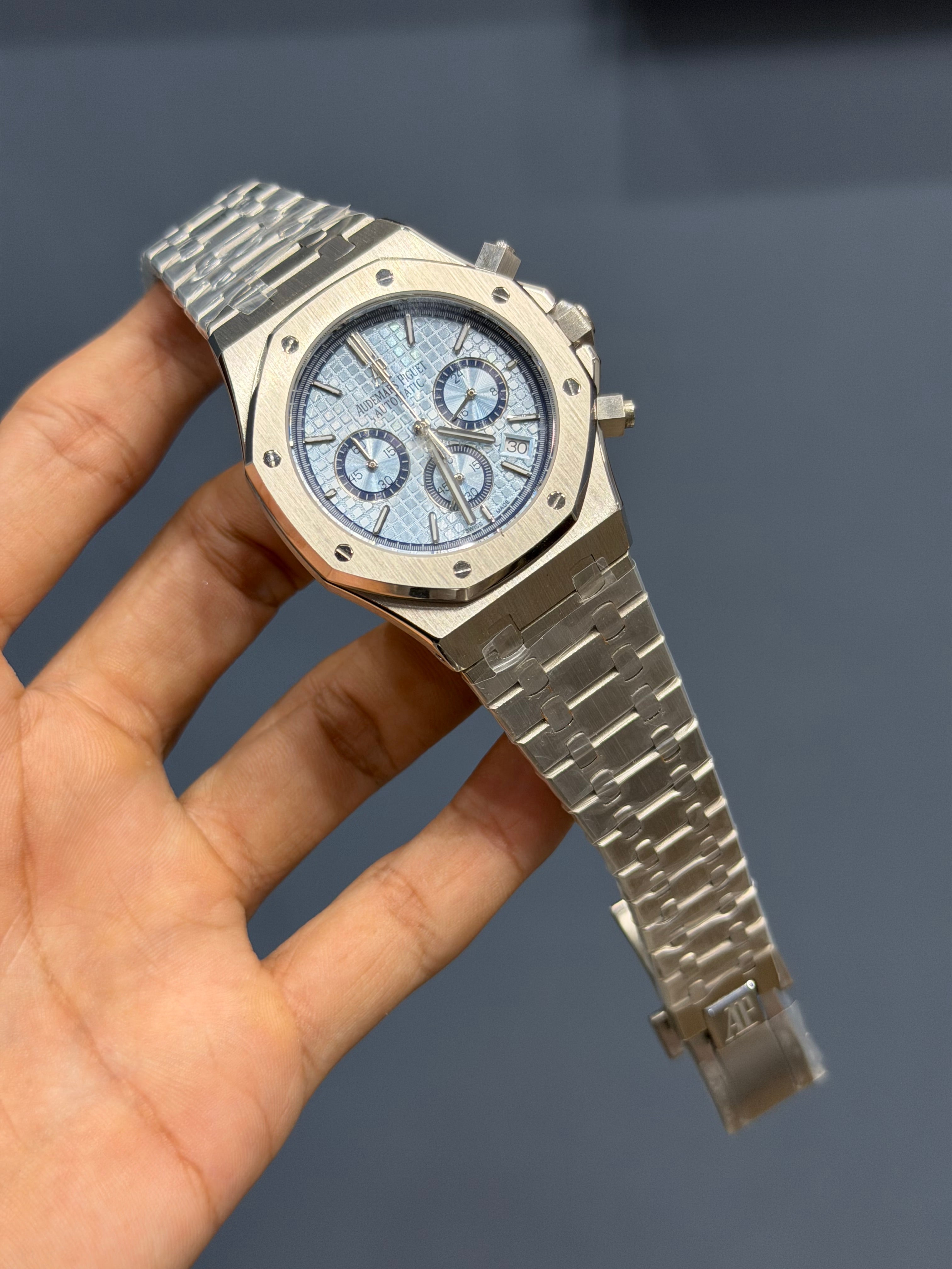 NEW COLLECTION CHRONOGRAPH SILVER WITH SKYBLUE DIAL CHAIN WATCH