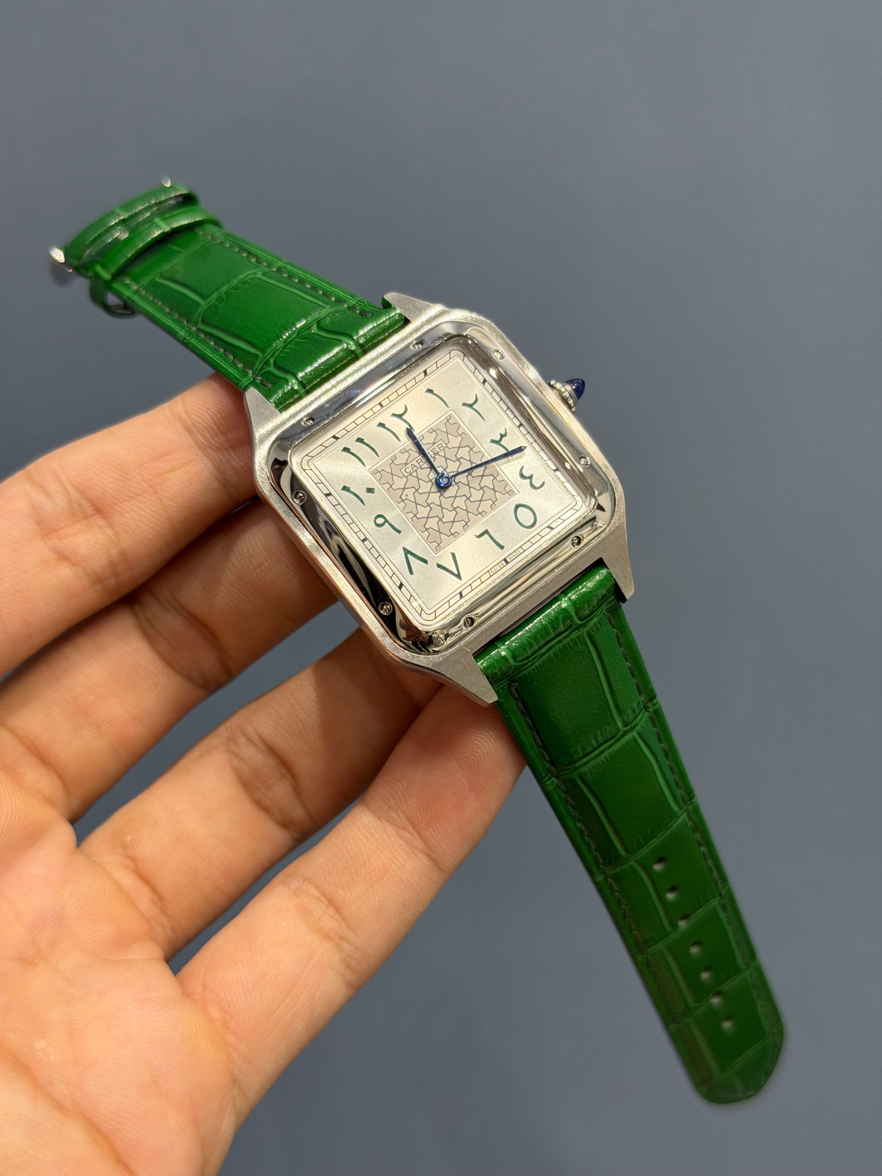 NEW COLLECTION SILVER CASE WITH WHITE ARABIC DIAL & GREEN LEATHER STRAP