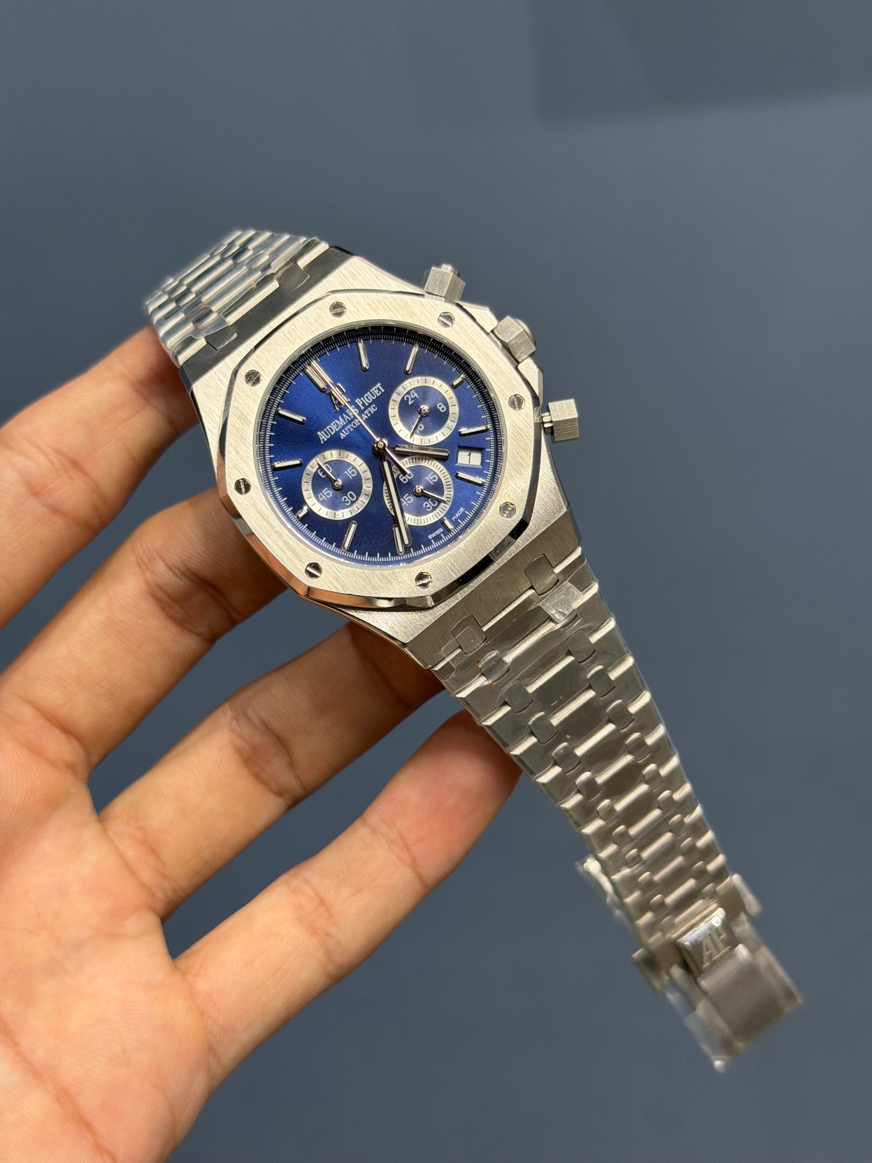 NEW COLLECTION CHRONOGRAPH SILVER WITH BLUE DIAL CHAIN WATCH