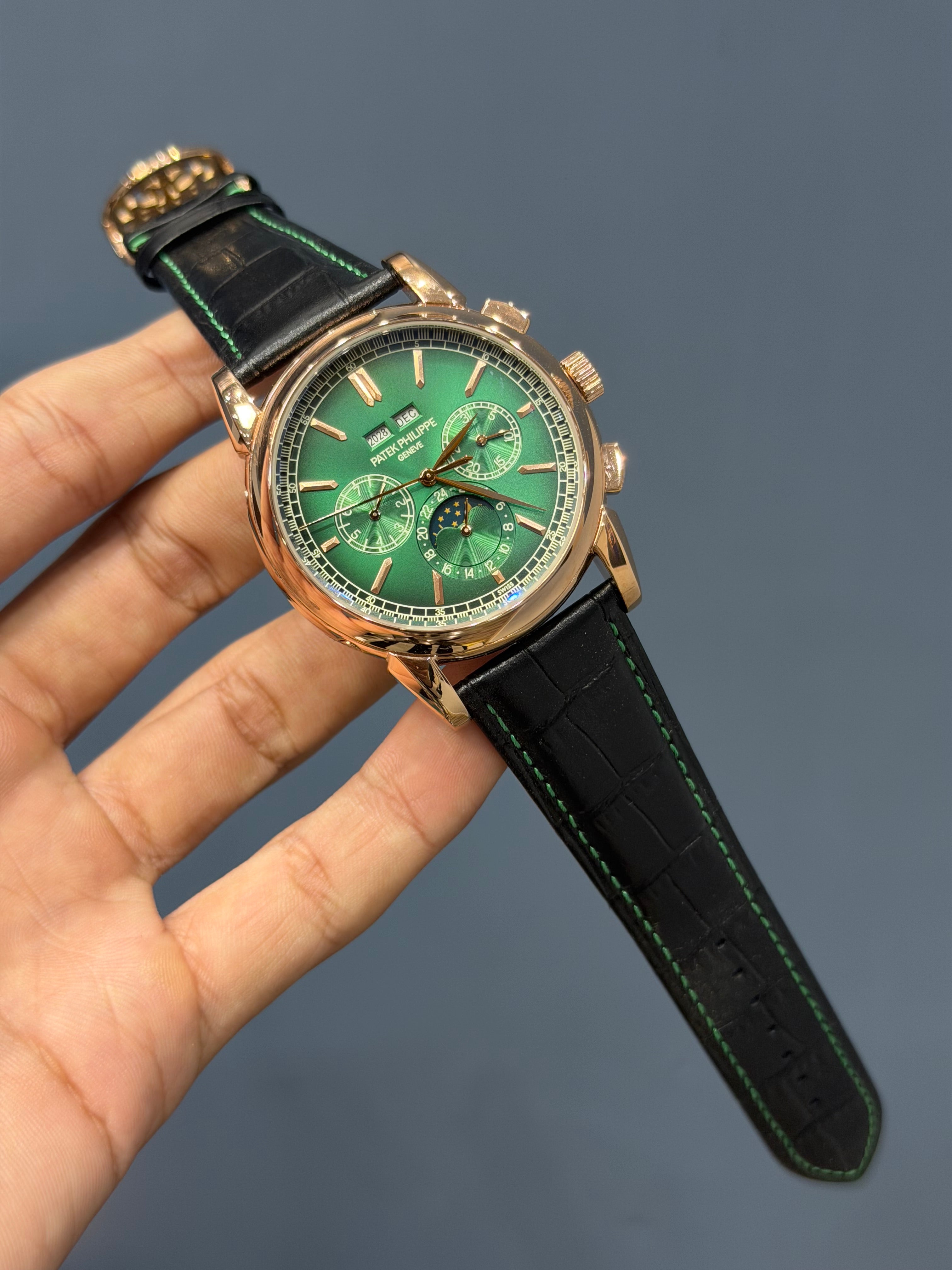 NEW COLLECTION CHRONOGRAPH ROSE CASE WITH INDEX GREEN DIAL & LEATHER STRAP