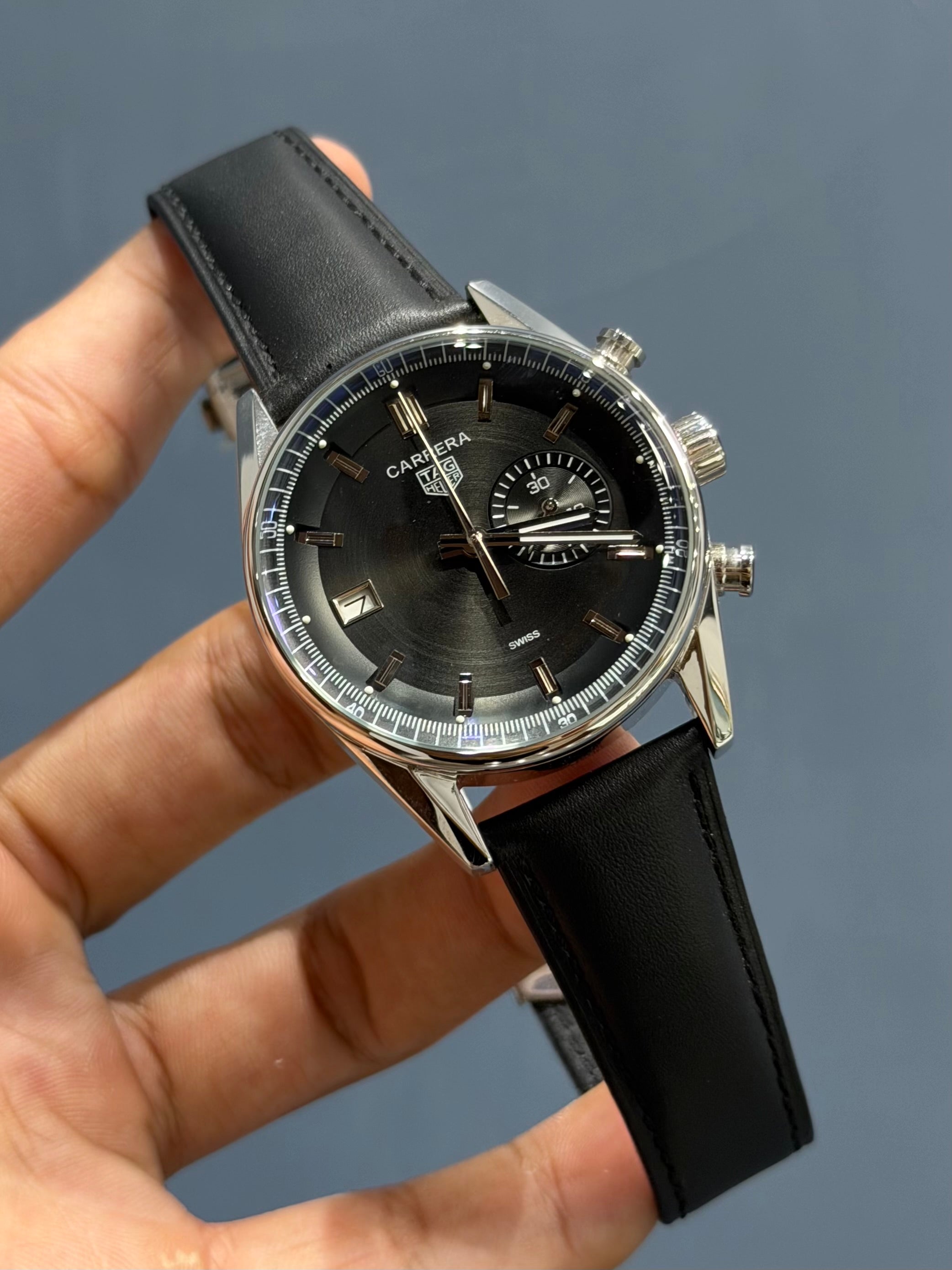 NEW COLLECTION CHRONOGRAPH HORSE EDITION SILVER WITH BLACK DIAL BLACK LEATHER STRAP