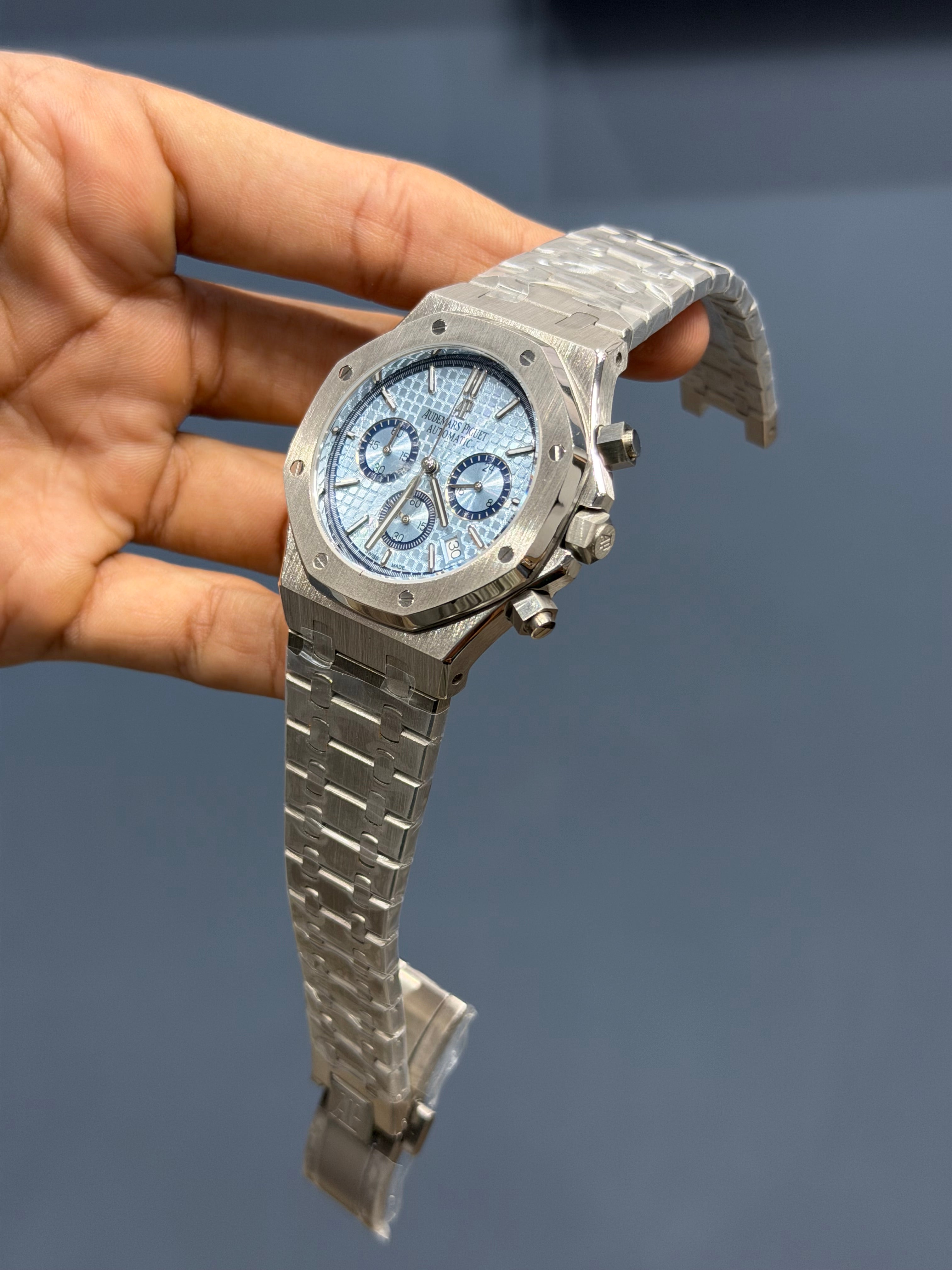 NEW COLLECTION CHRONOGRAPH SILVER WITH SKYBLUE DIAL CHAIN WATCH