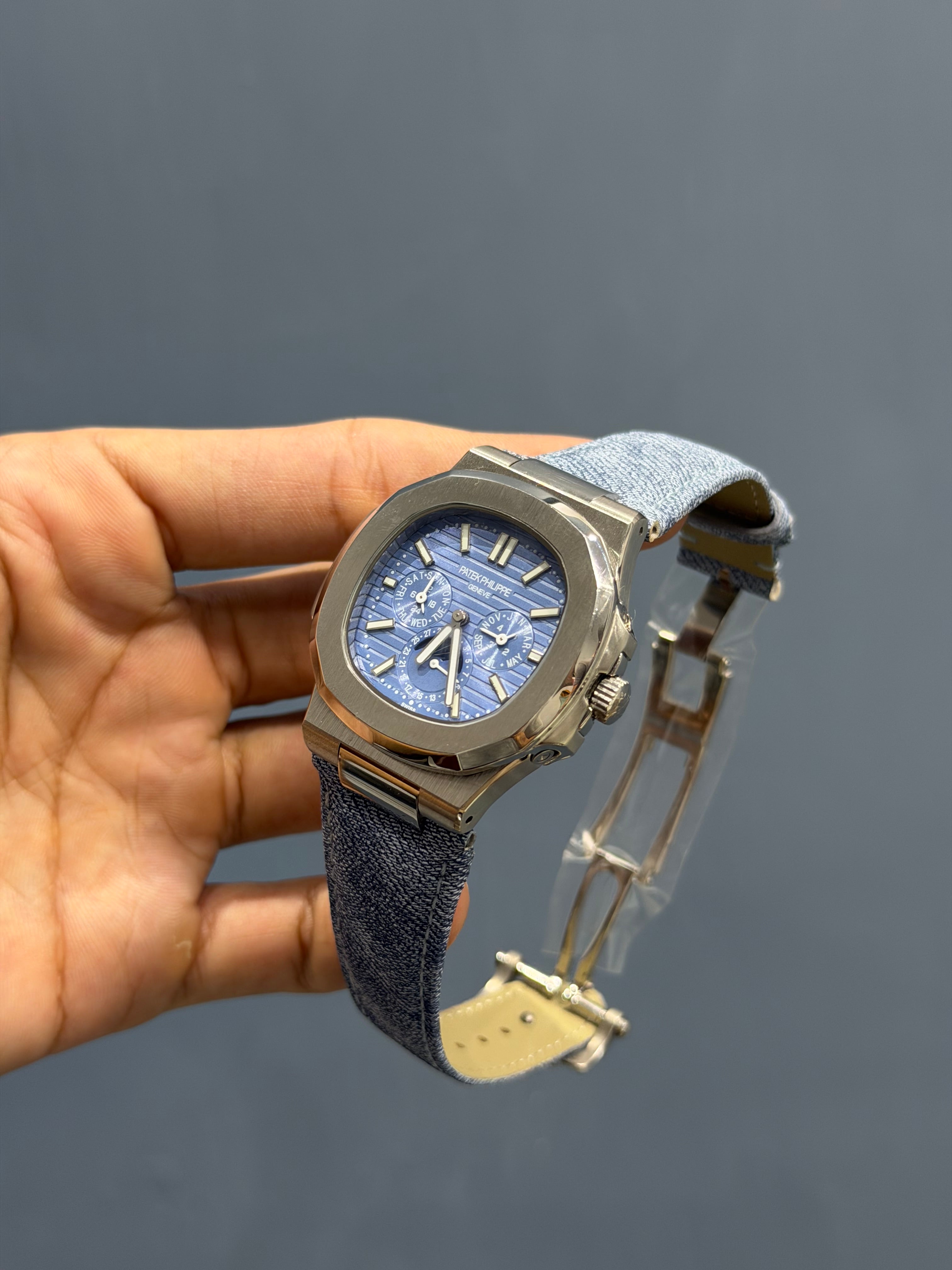 NEW COLLECTION MOON PHASE SILVER WITH SKY DIAL DENIM STRAP AUTOMATIC WATCH