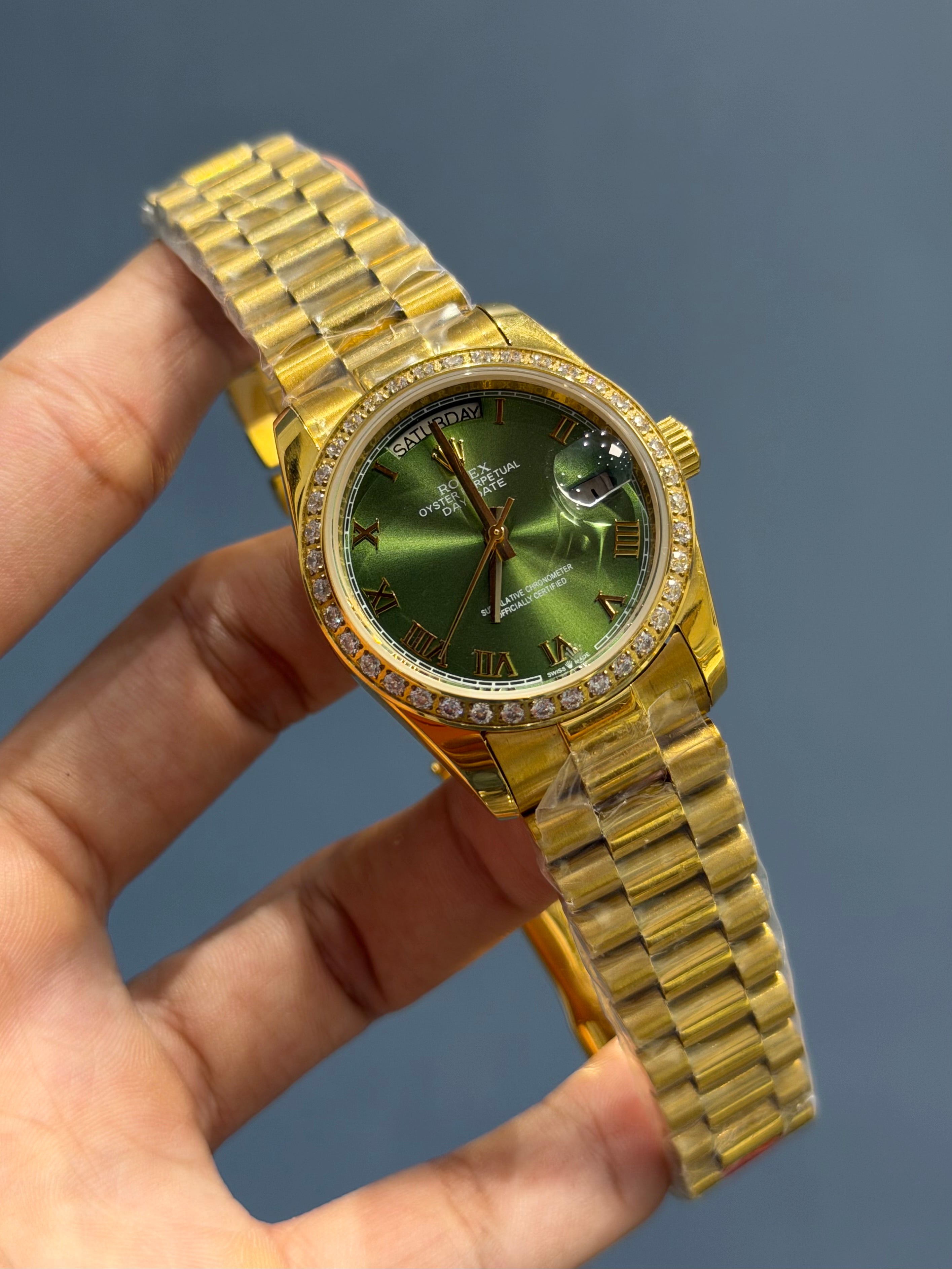 NEW COLLECTION 36 l GOLD WITH GREEN DIAL STONE BEZZEL AUTOMATIC WATCH YZ FACTORY