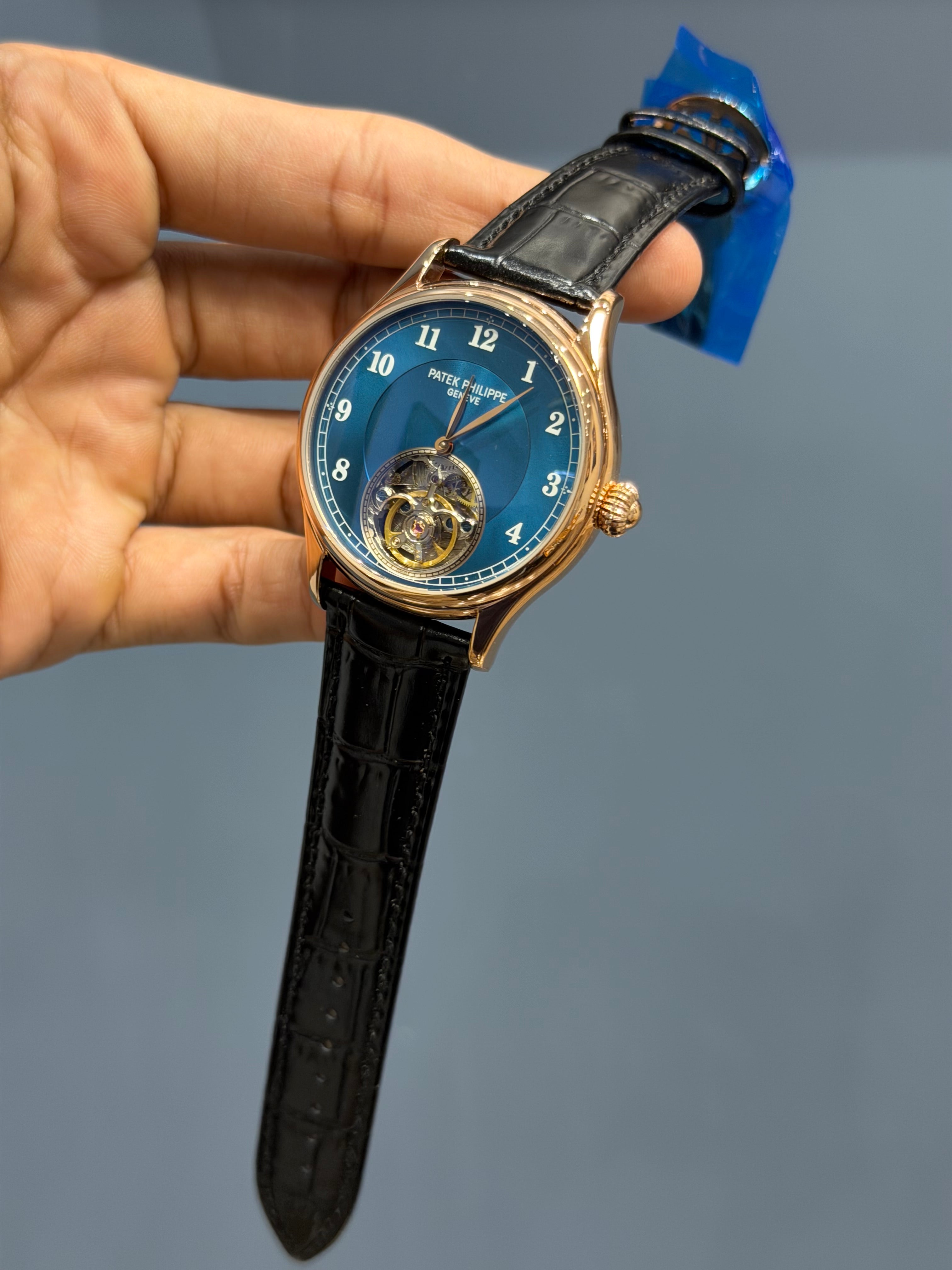 NEW COLLECTION TOURBILLON ROSE CASE WITH BLUE DIAL & BLACK LEATHER STRAP
