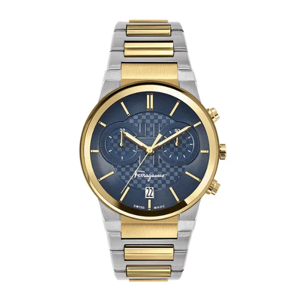 Ferragamo Sapphire Two-Tone Stainless Steel Blue Dial Chronograph Quartz Watch For Gents - Sfme00521