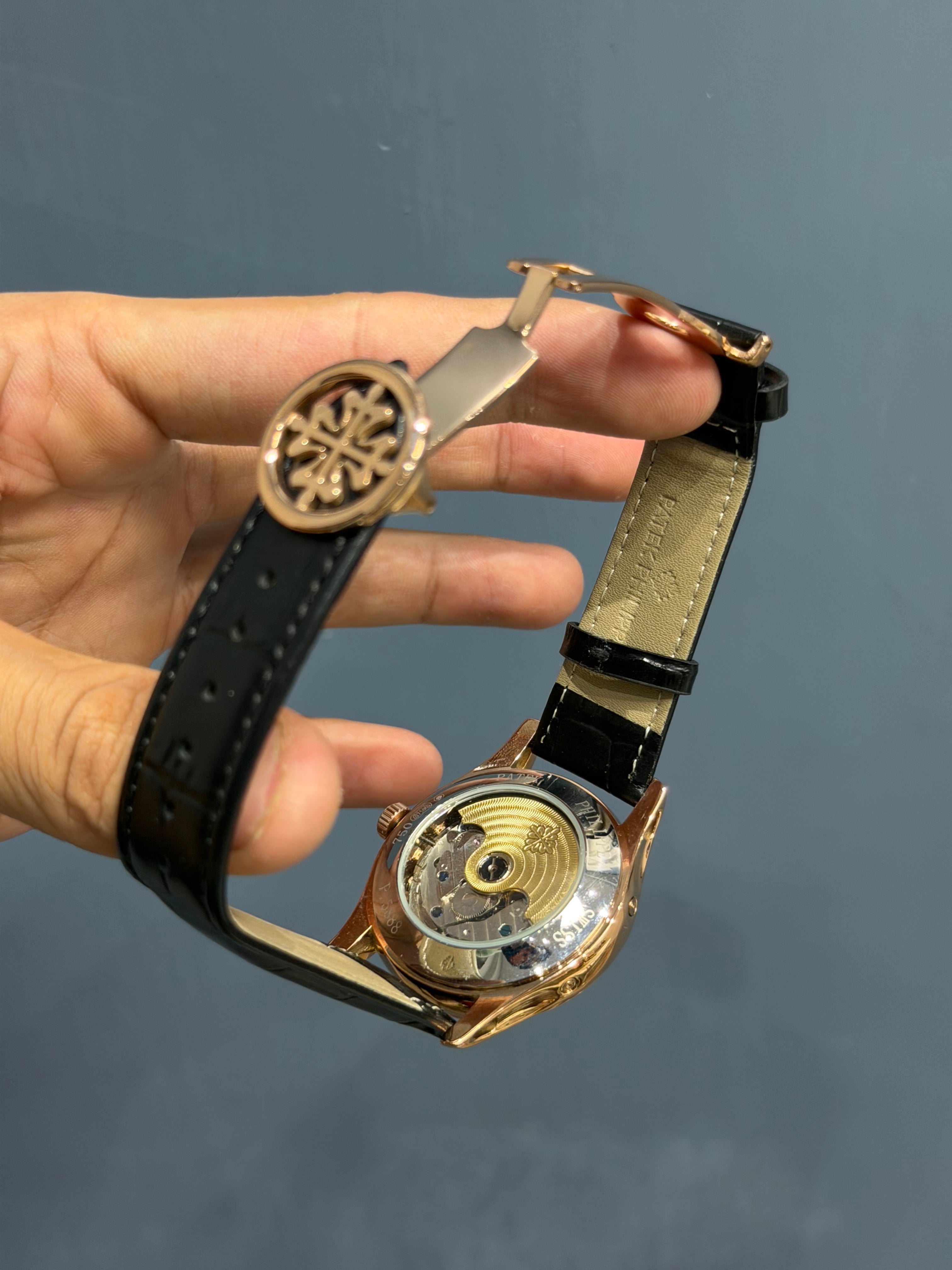 NEW COLLECTION MOON PHASE ROSE GOLD CASE WITH BLACK DIAL & BLACK LEATHER STRAP