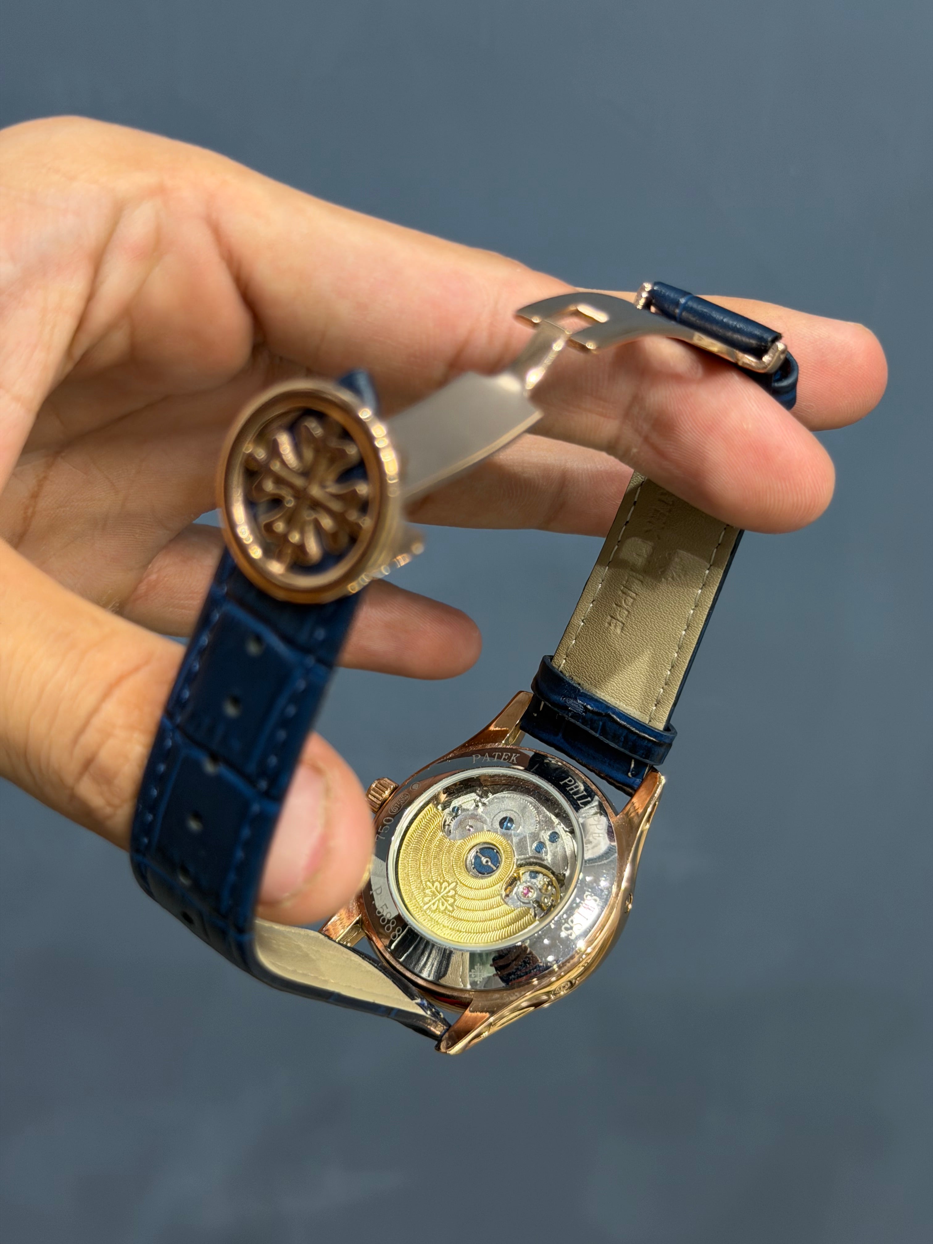NEW COLLECTION MOON PHASE ROSE GOLD CASE WITH BLUE DIAL & BLUE LEATHER STRAP