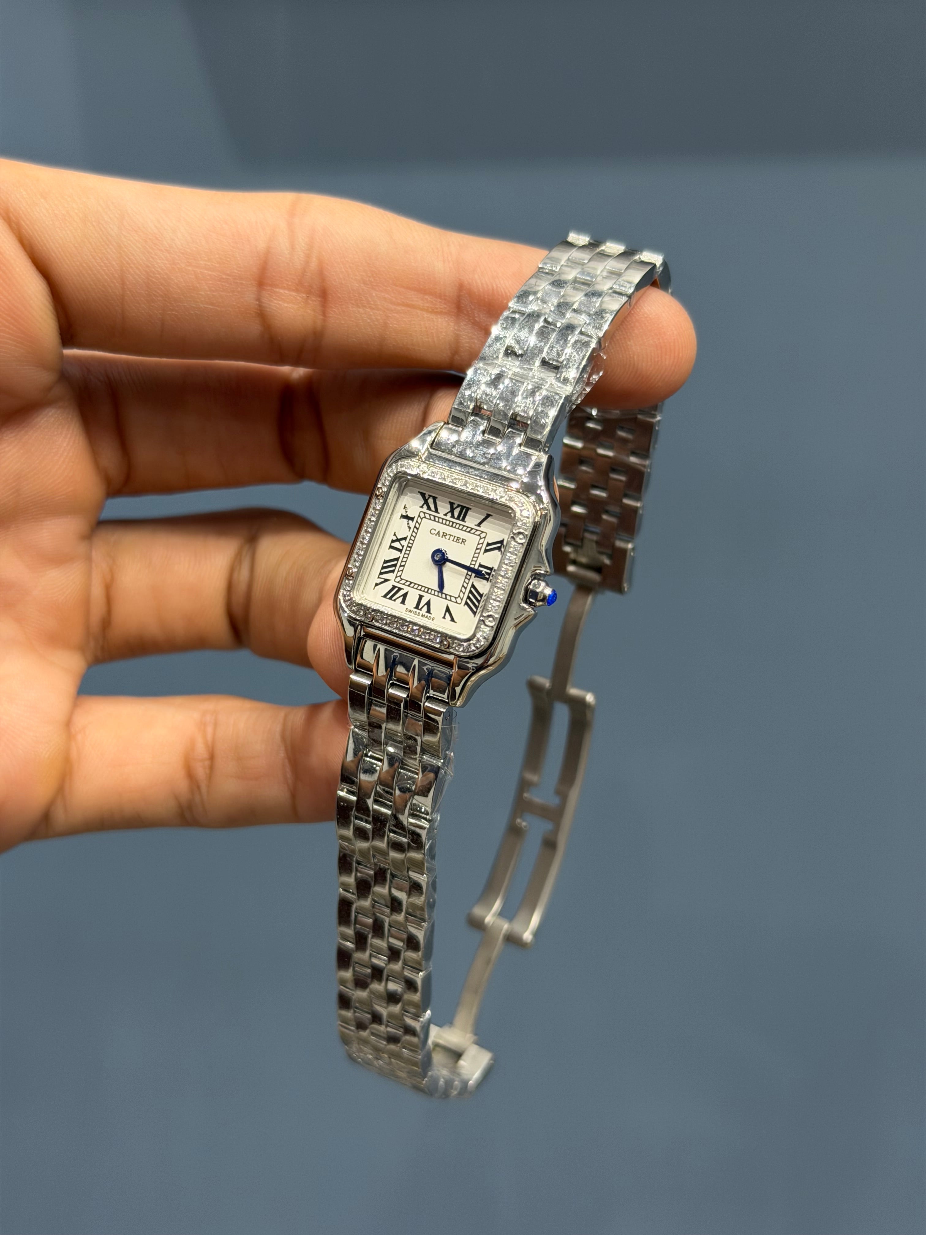 NEW COLLECTION SILVER CASE WITH WHITE DIAL STONE BEZEL LADIES WATCH