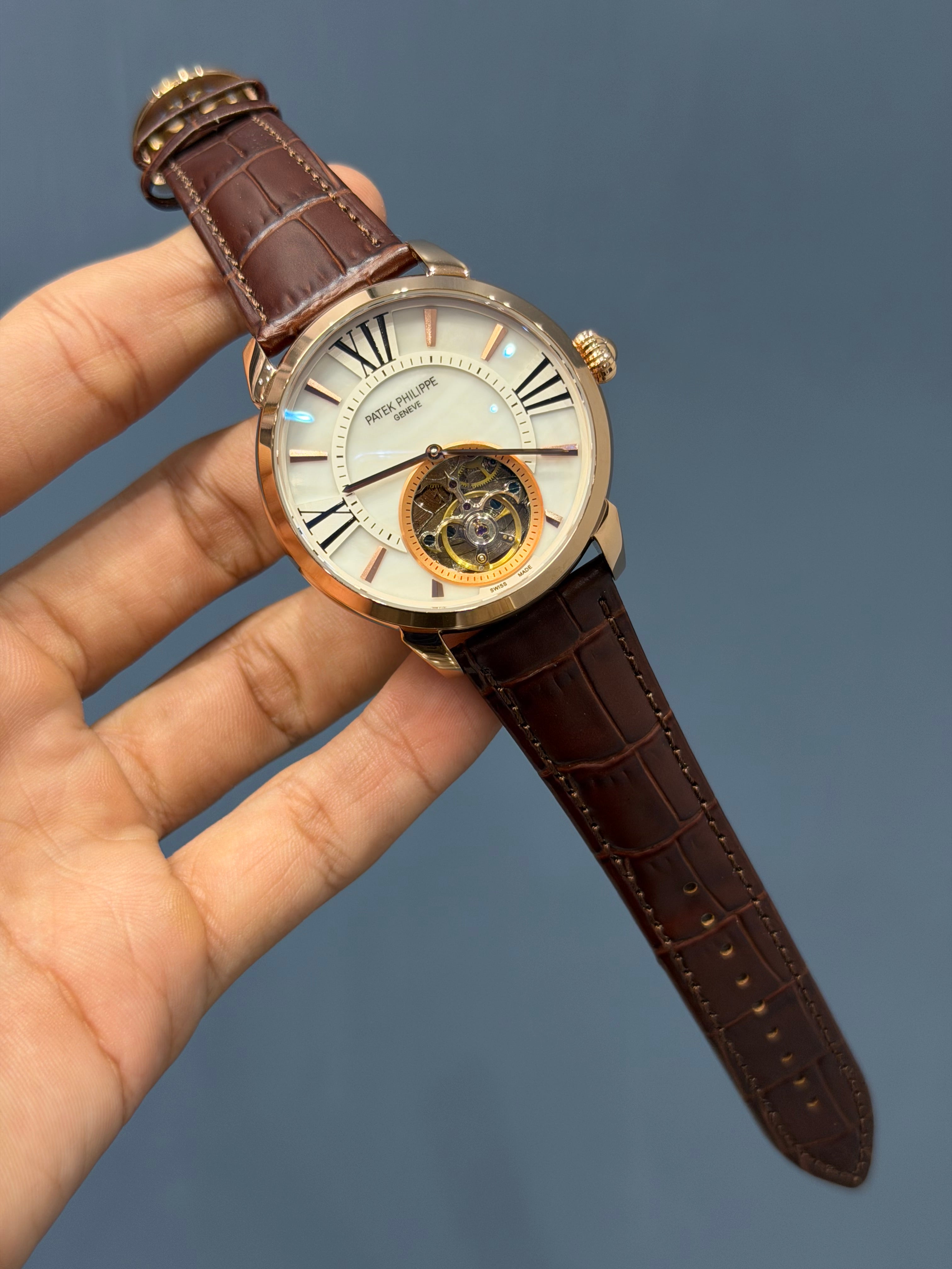 NEW COLLECTION TOURBILLON ROSE CASE WITH WHITE DIAL & BROWN LEATHER STRAP