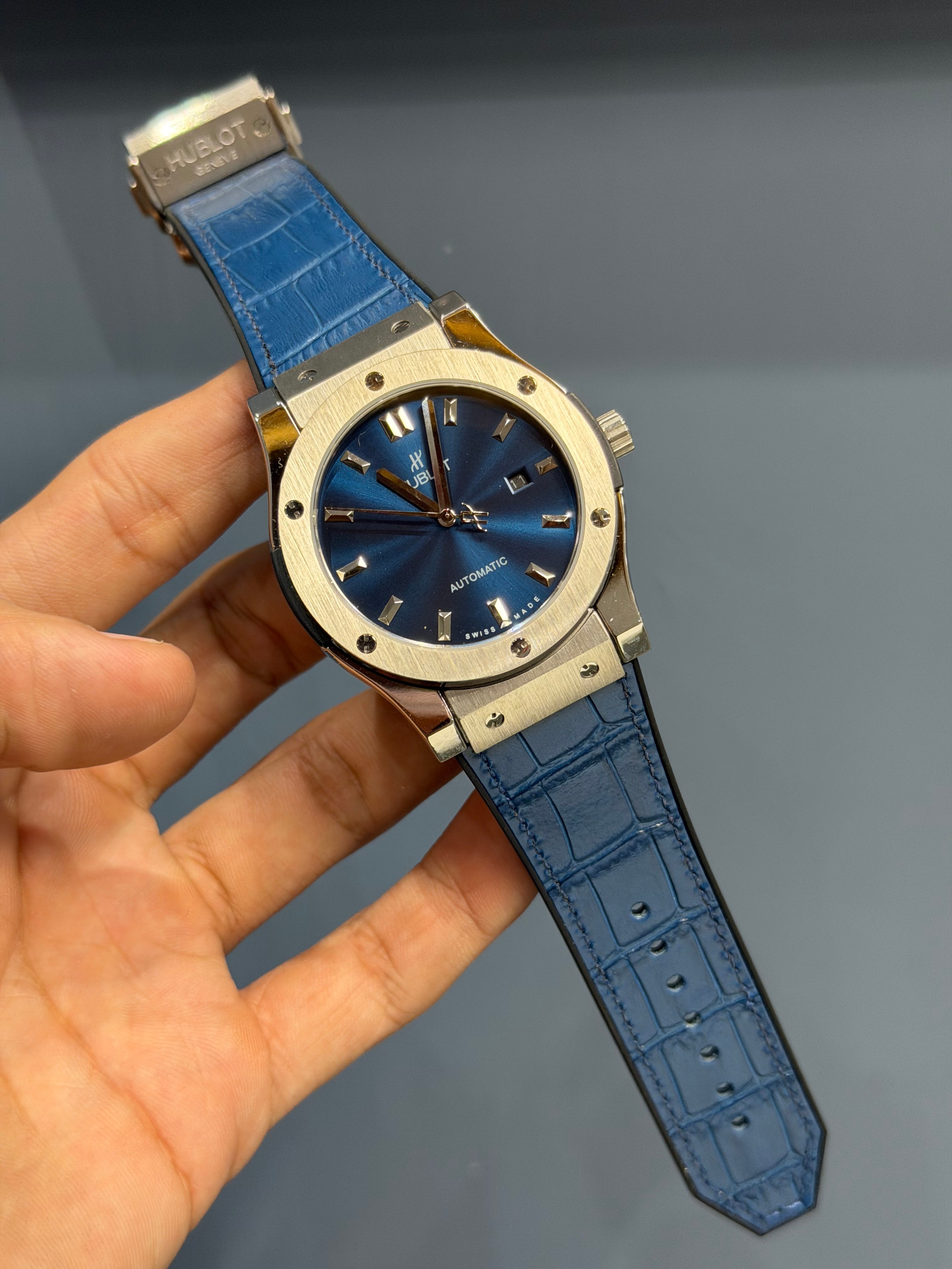 NEW COLLECTION SILVER CASE WITH BLUE DIAL & BLUE LEATHER STRAP