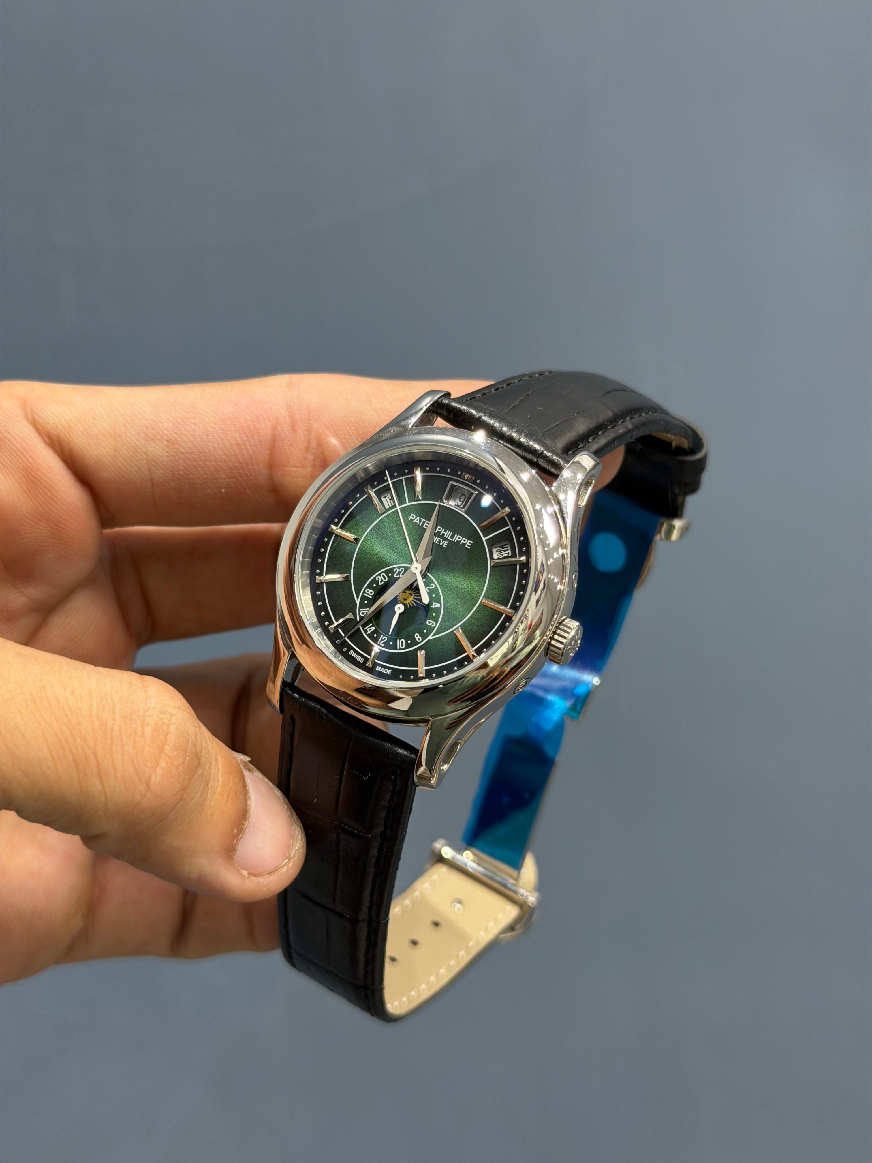 NEW COLLECTION MOON PHASE SILVER CASE WITH GREEN DIAL & LEATHER STRAP