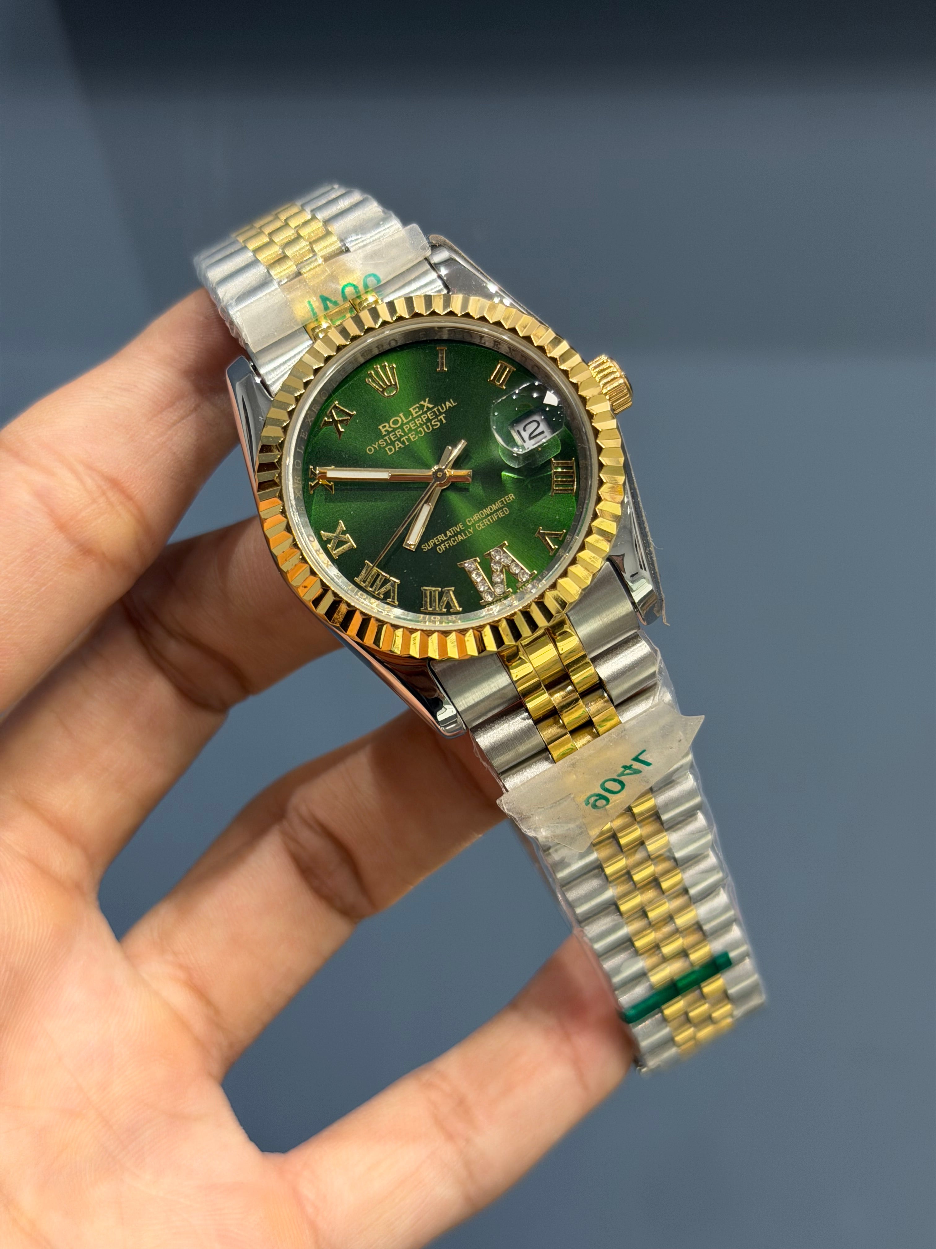 NEW COLLECTION 36 YELLOW TWOTONE WITH GREEN STONE DIAL AUTOMATIC WATCH ZR FACTORY