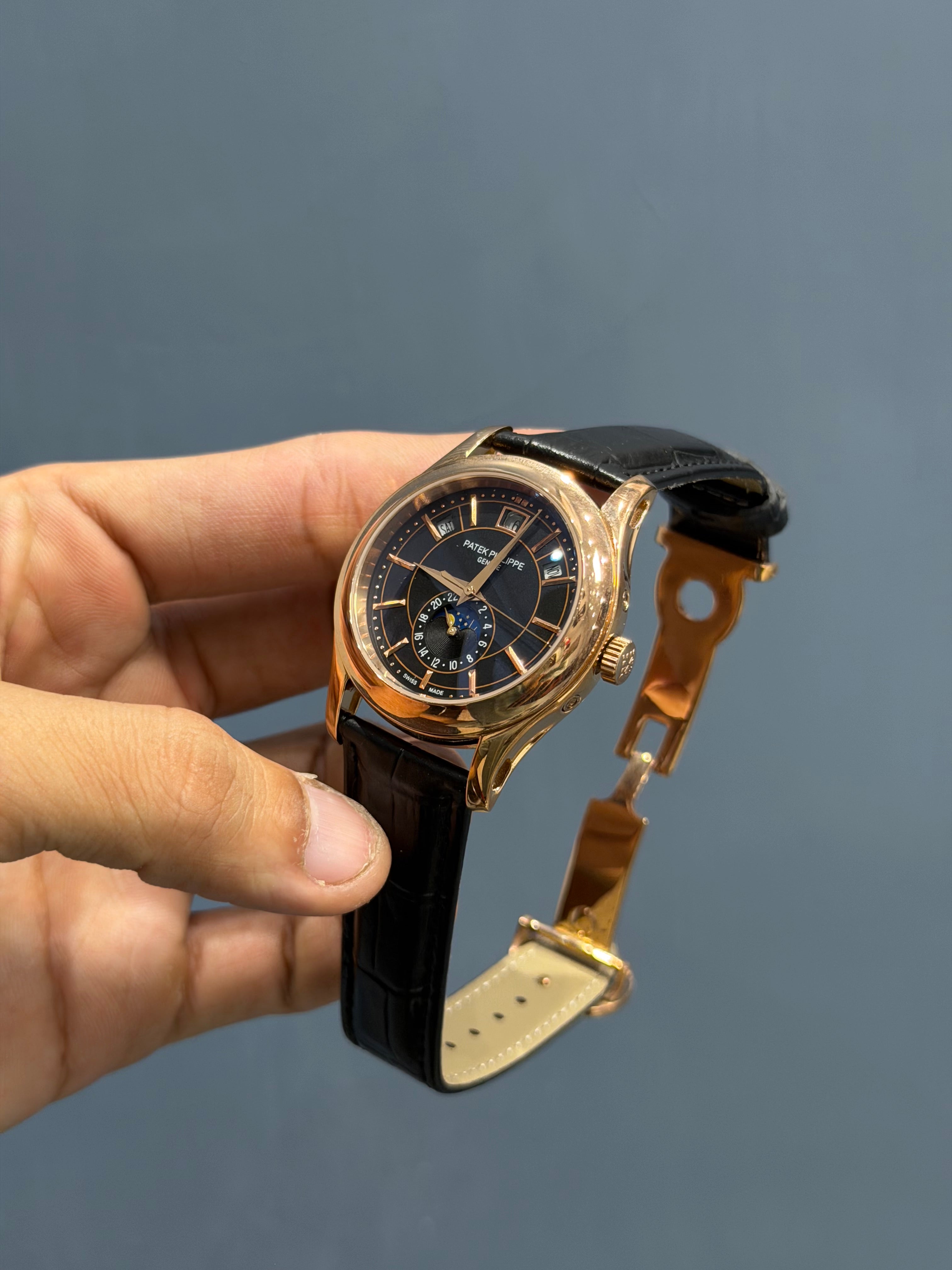 NEW COLLECTION MOON PHASE ROSE GOLD CASE WITH BLACK DIAL & BLACK LEATHER STRAP