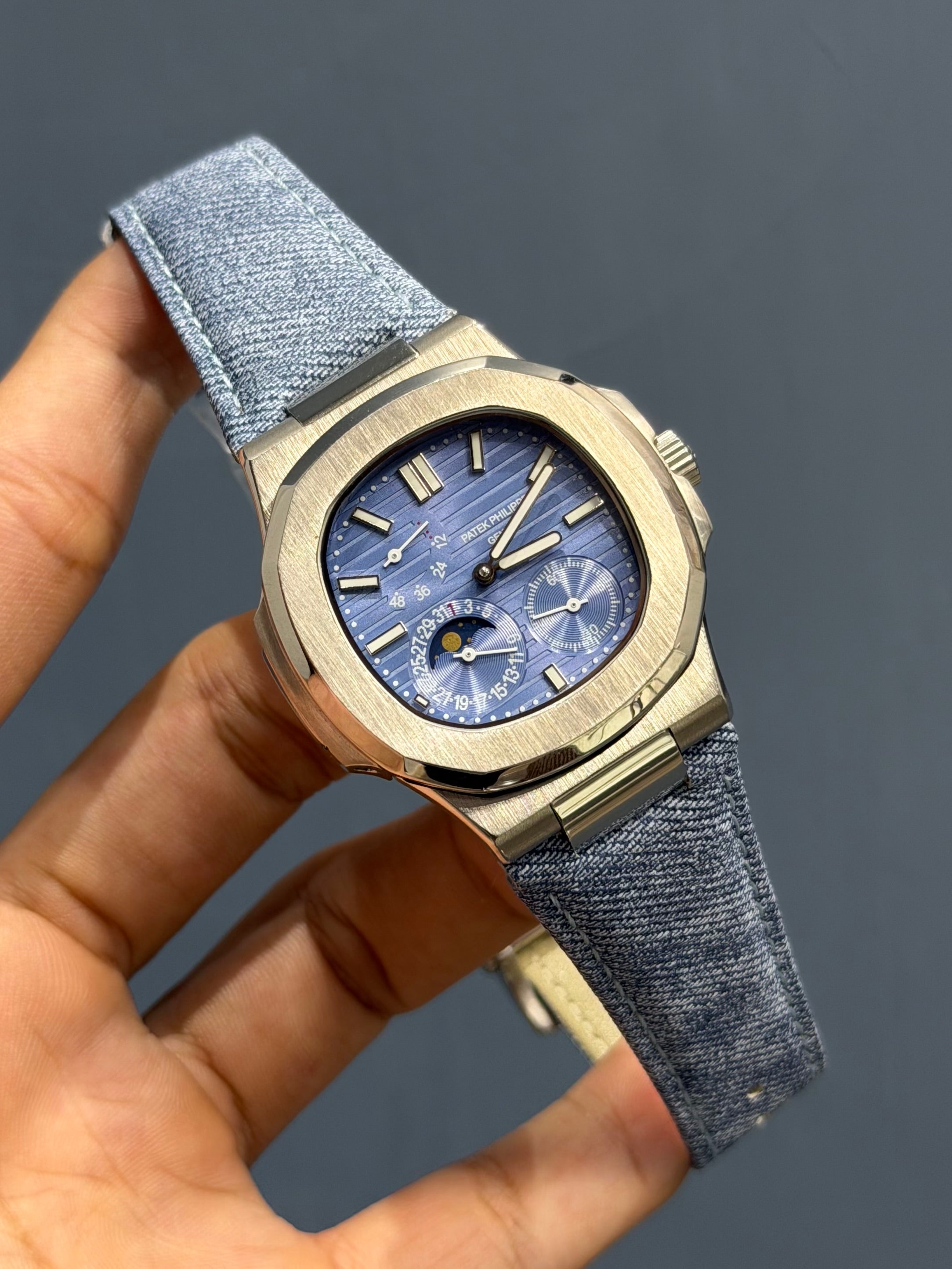 NEW COLLECTION MOON PHASE SILVER WITH SKY DIAL DEMIN STRAP AUTOMATIC WATCH