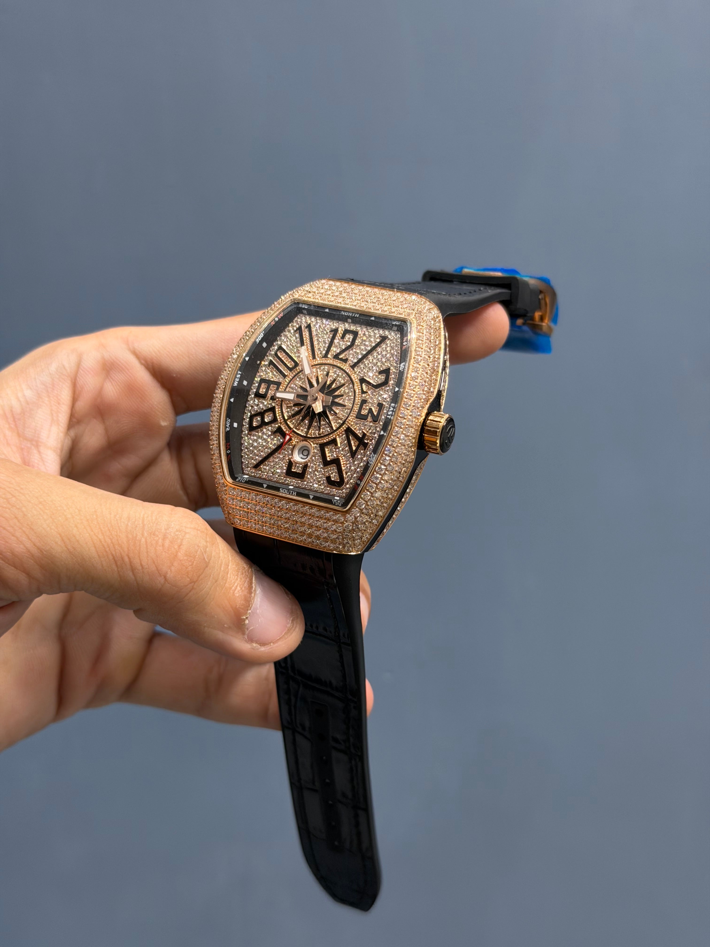NEW COLLECTION ROSE GOLD STONE CASE & DIAL WITH BLACK STRAP