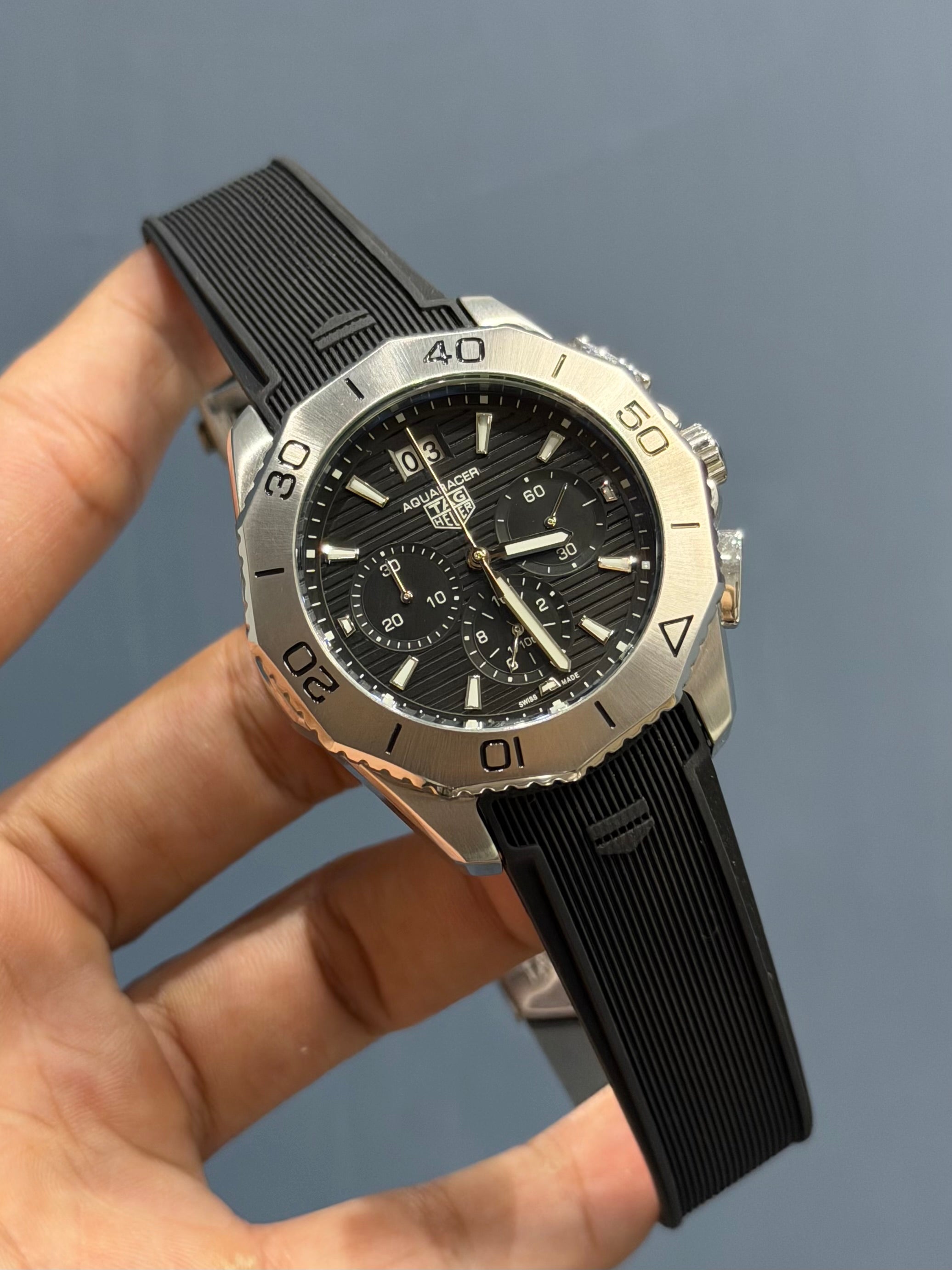 NEW COLLECTION CHRONOGRAPH SILVER WITH BLACK DIAL & BLACK SILICONE STRAP WATCH