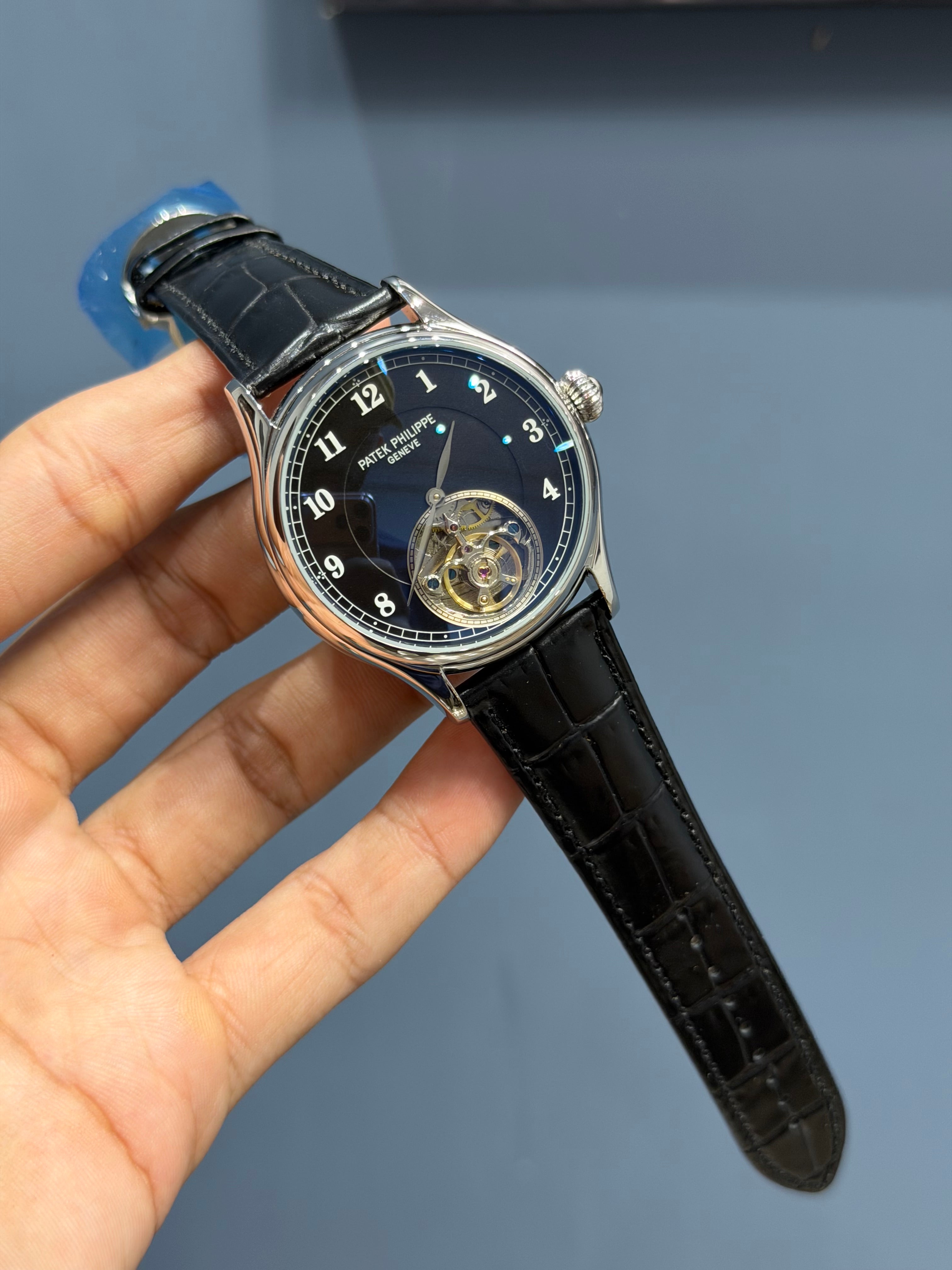 NEW COLLECTION TOURBILLON SILVER CASE WITH BLACK DIAL & BLACK LEATHER STRAP