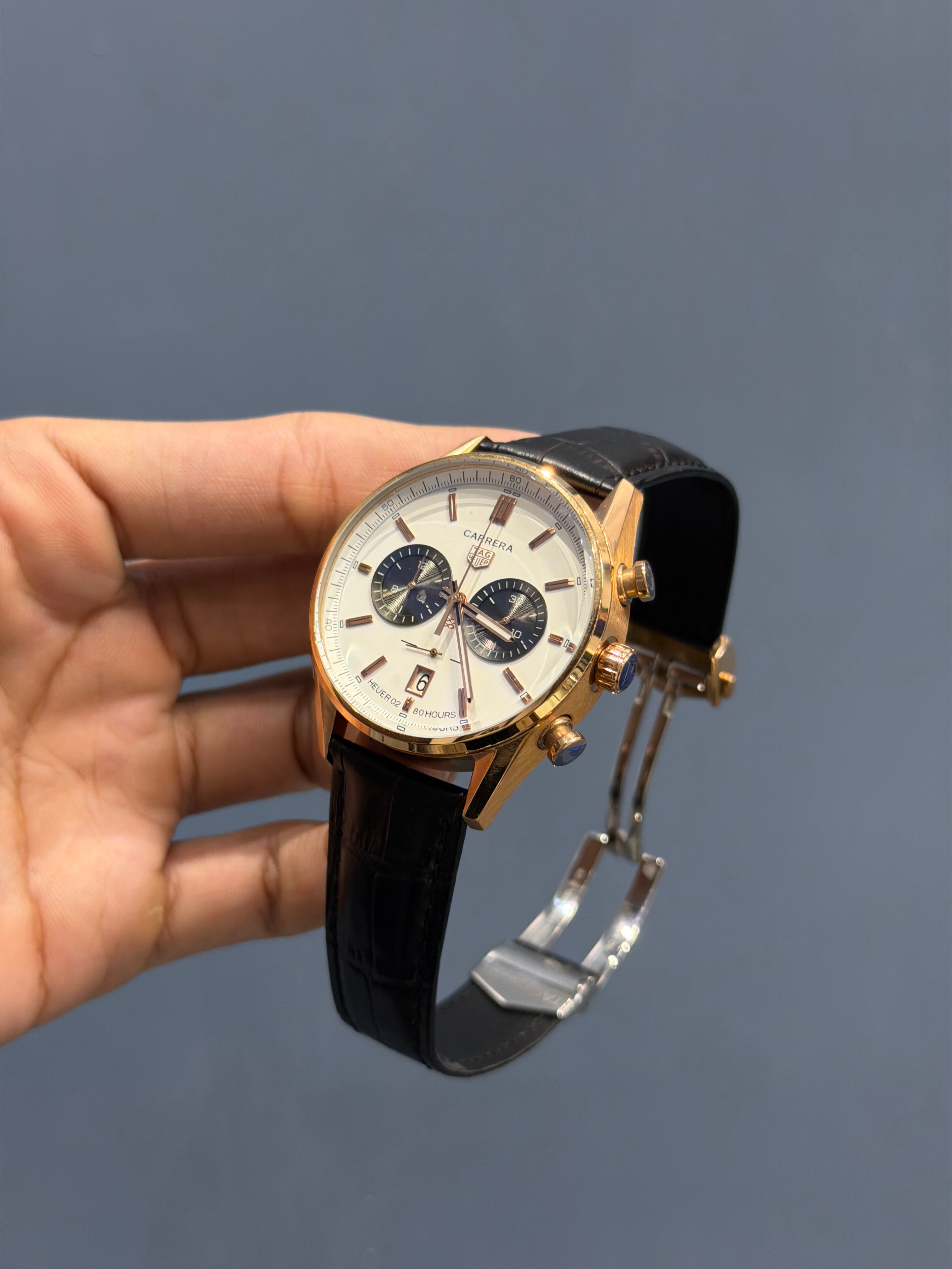 NEW COLLECTION CHRONOGRAPH ROSE CASE WITH WHITE DIAL & BEZEL WITH LEATHER STRAP