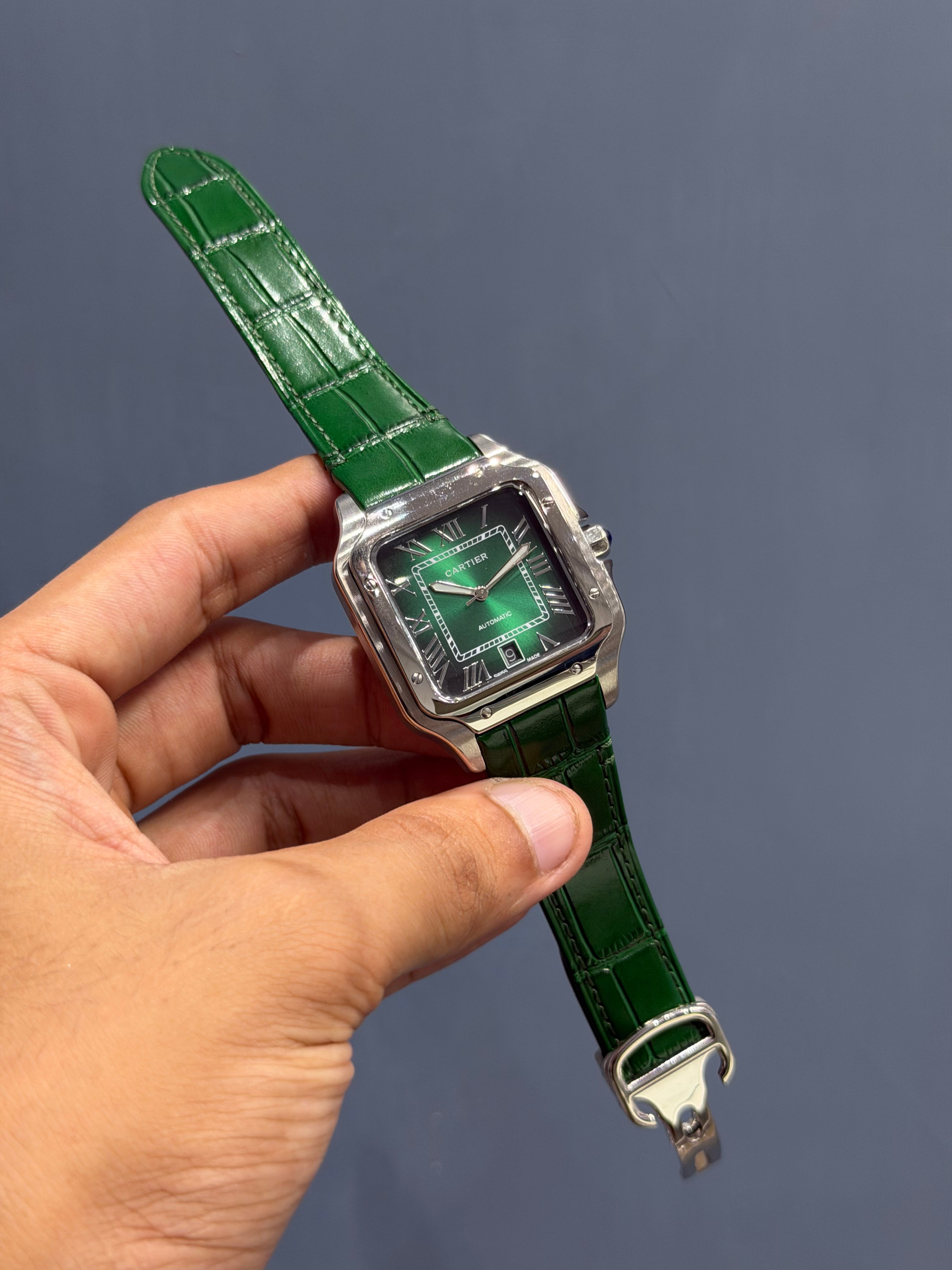 NEW COLLECTION SILVER CASE WITH GREEN DIAL & GREEN LEATHER STRAP