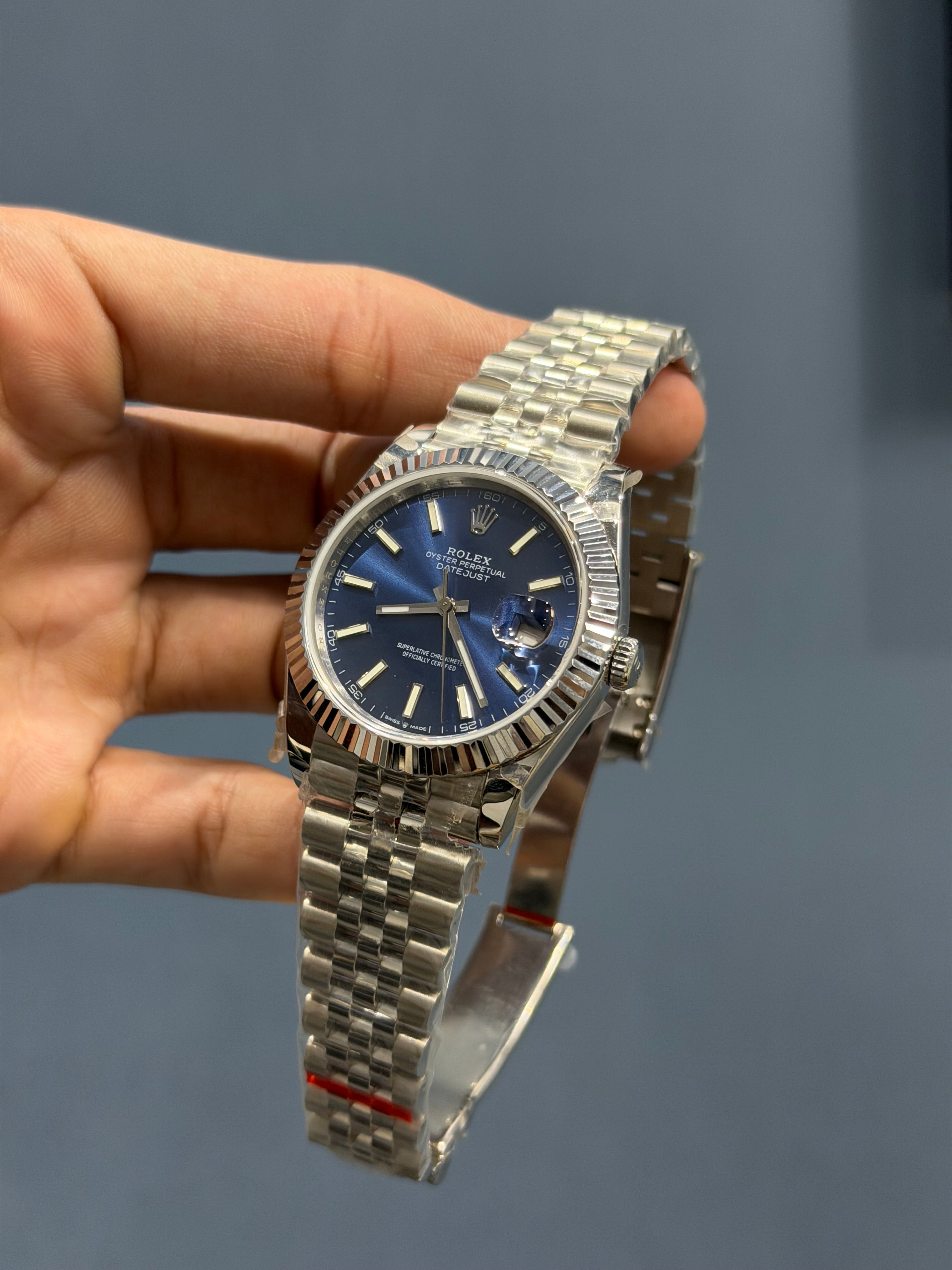 NEW COLLECTION 41 SILVER WITH BLUE DIAL FLUTED BEZEL AUTOMATIC WATCH BP MADE