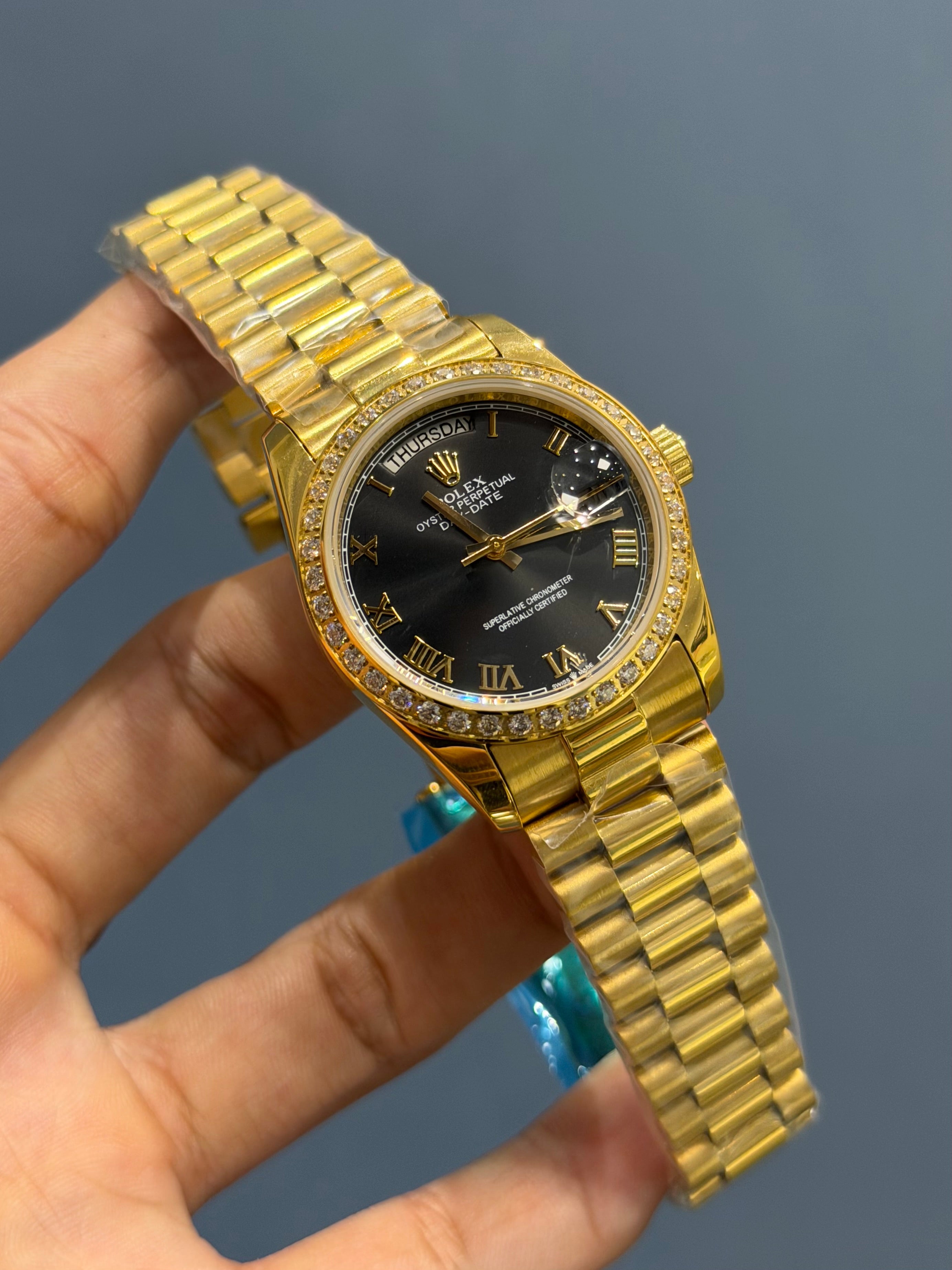 NEW COLLECTION 36 GOLD WITH BLACK DIAL STONE BEZZEL AUTOMATIC WATCH YZ FACTORY