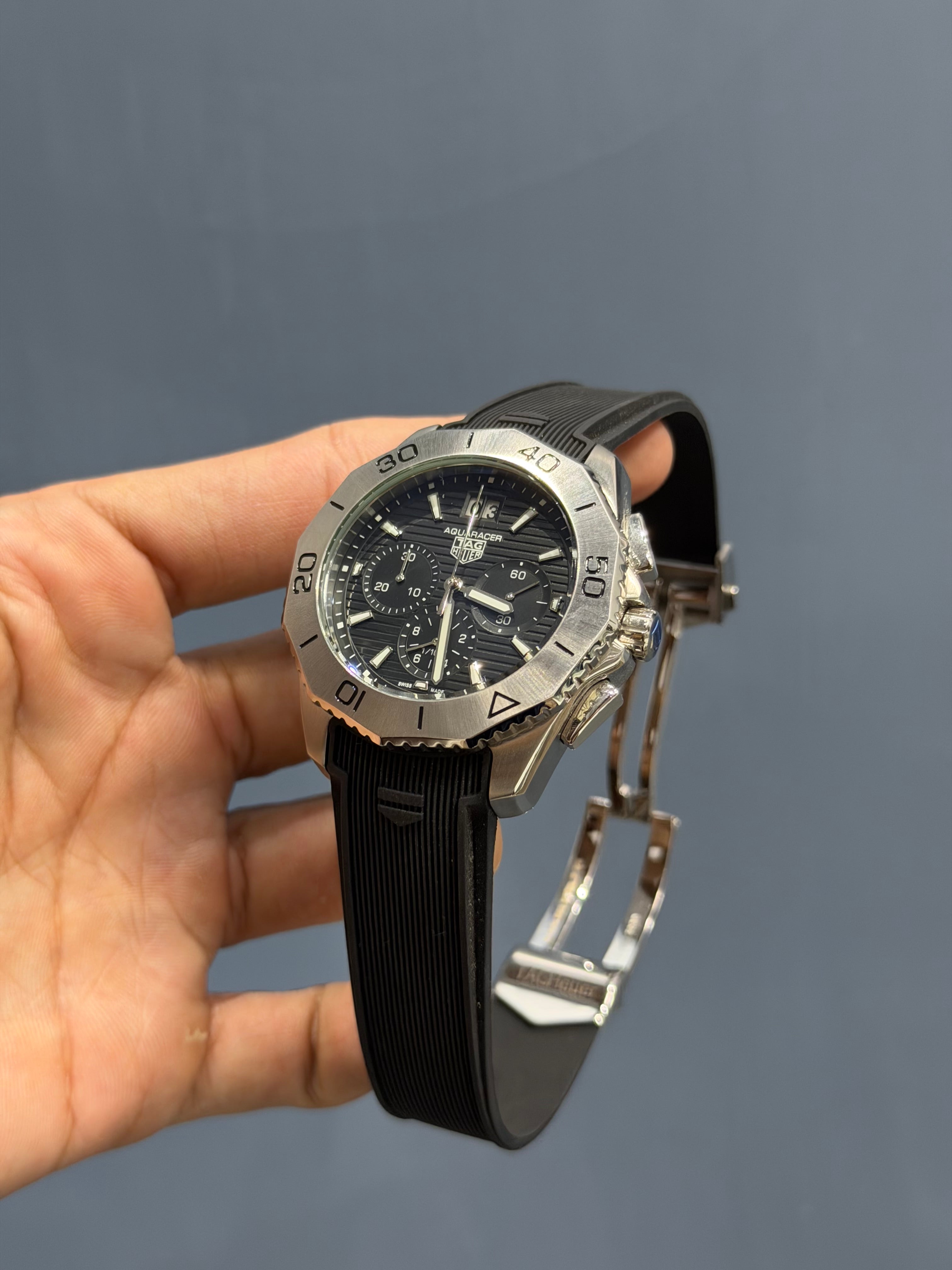 NEW COLLECTION CHRONOGRAPH SILVER WITH BLACK DIAL & BLACK SILICONE STRAP WATCH