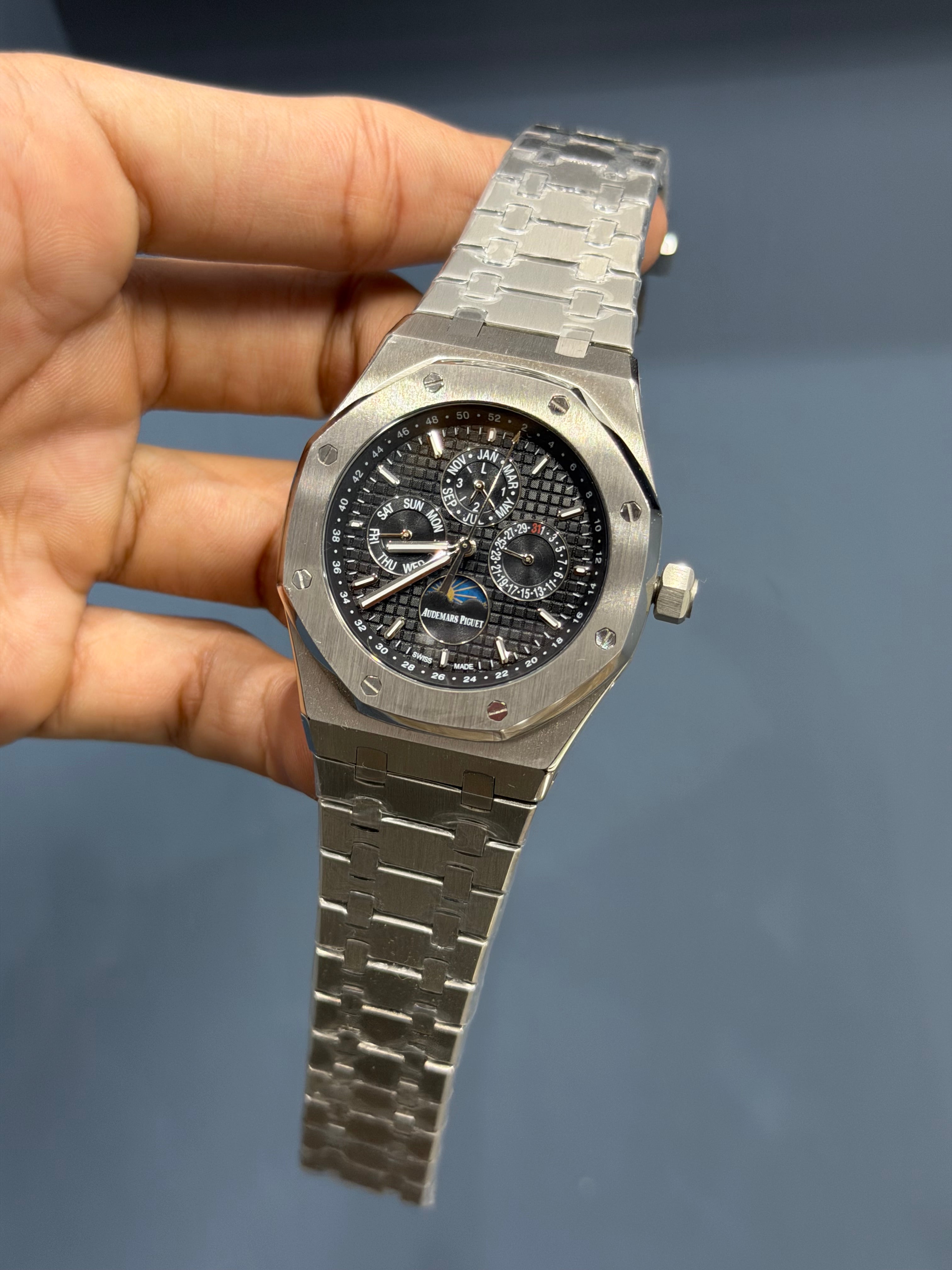 NEW COLLECTION PERPETUAL CALENDAR SILVER STAINLESS STEEL WITH BLACK DIAL CHAIN WATCH
