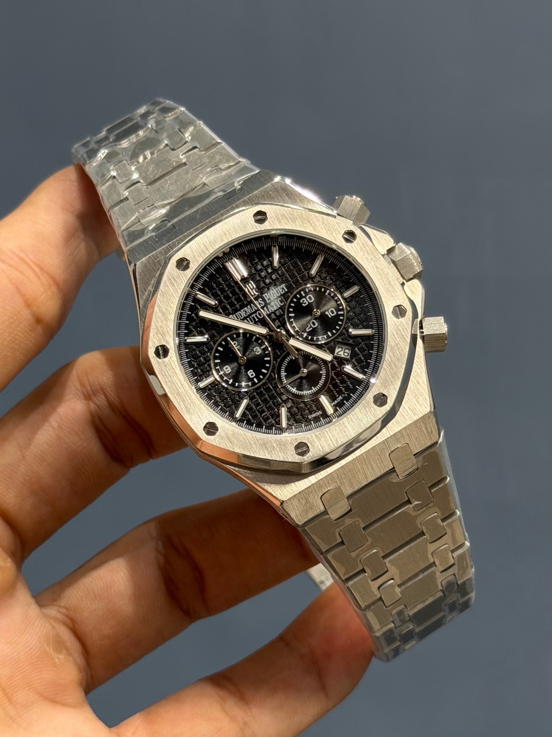 NEW COLLECTION CHRONOGRAPH SILVER WITH BLACK DIAL CHAIN WATCH