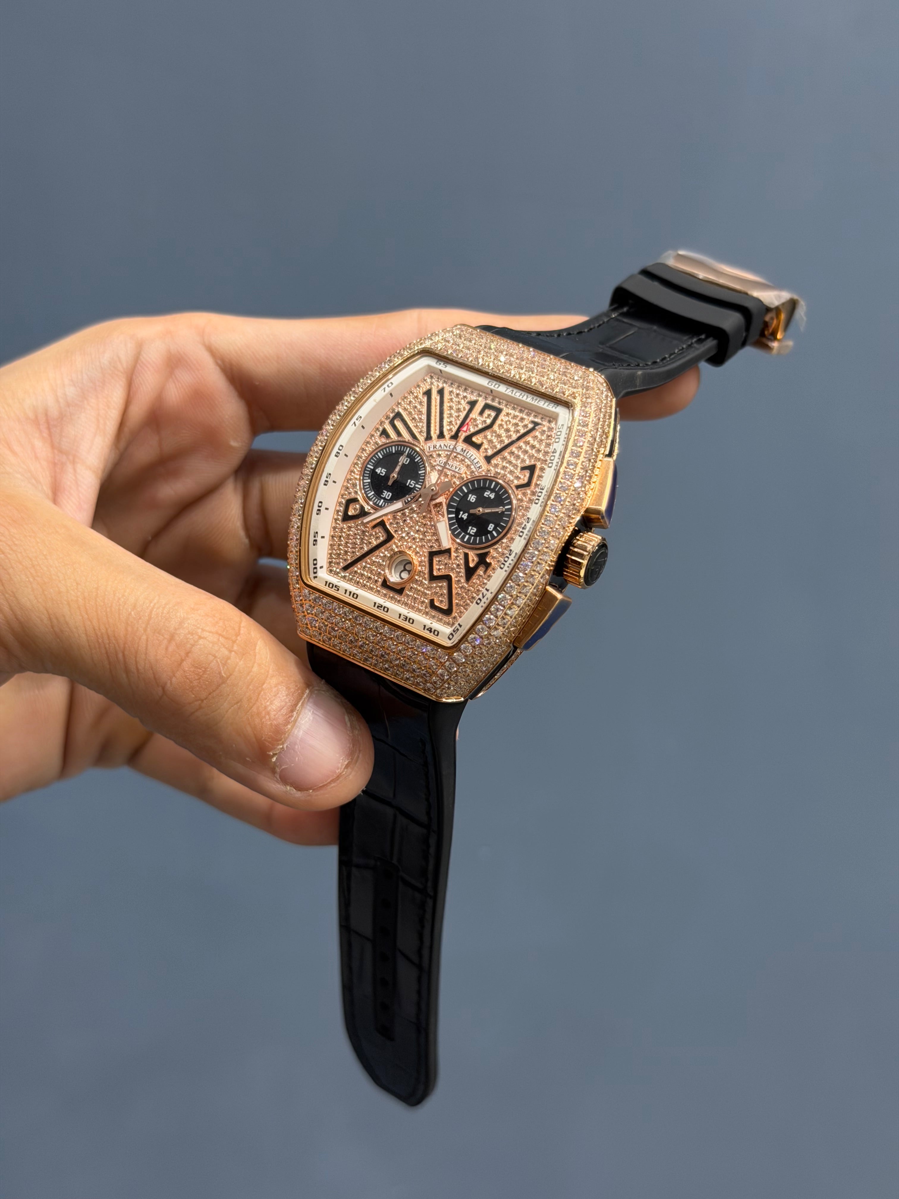 NEW COLLECTION CHRONOGRPAH ROSE GOLD STONE CASE & DIAL WITH BLACK LEATHER STRAP