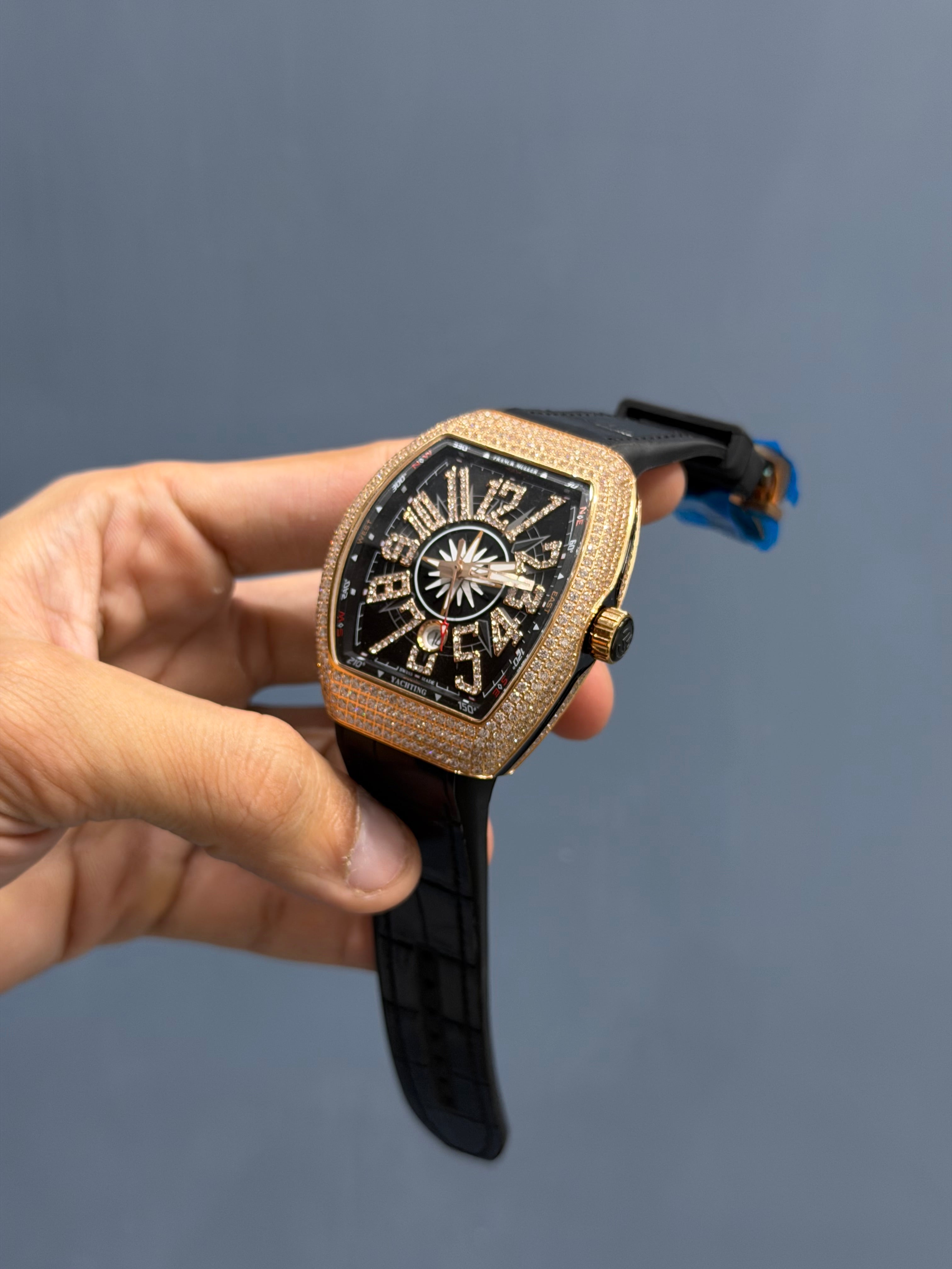 NEW COLLECTION ROSE GOLD STONE CASE BLACK DIAL WITH BLACK STRAP