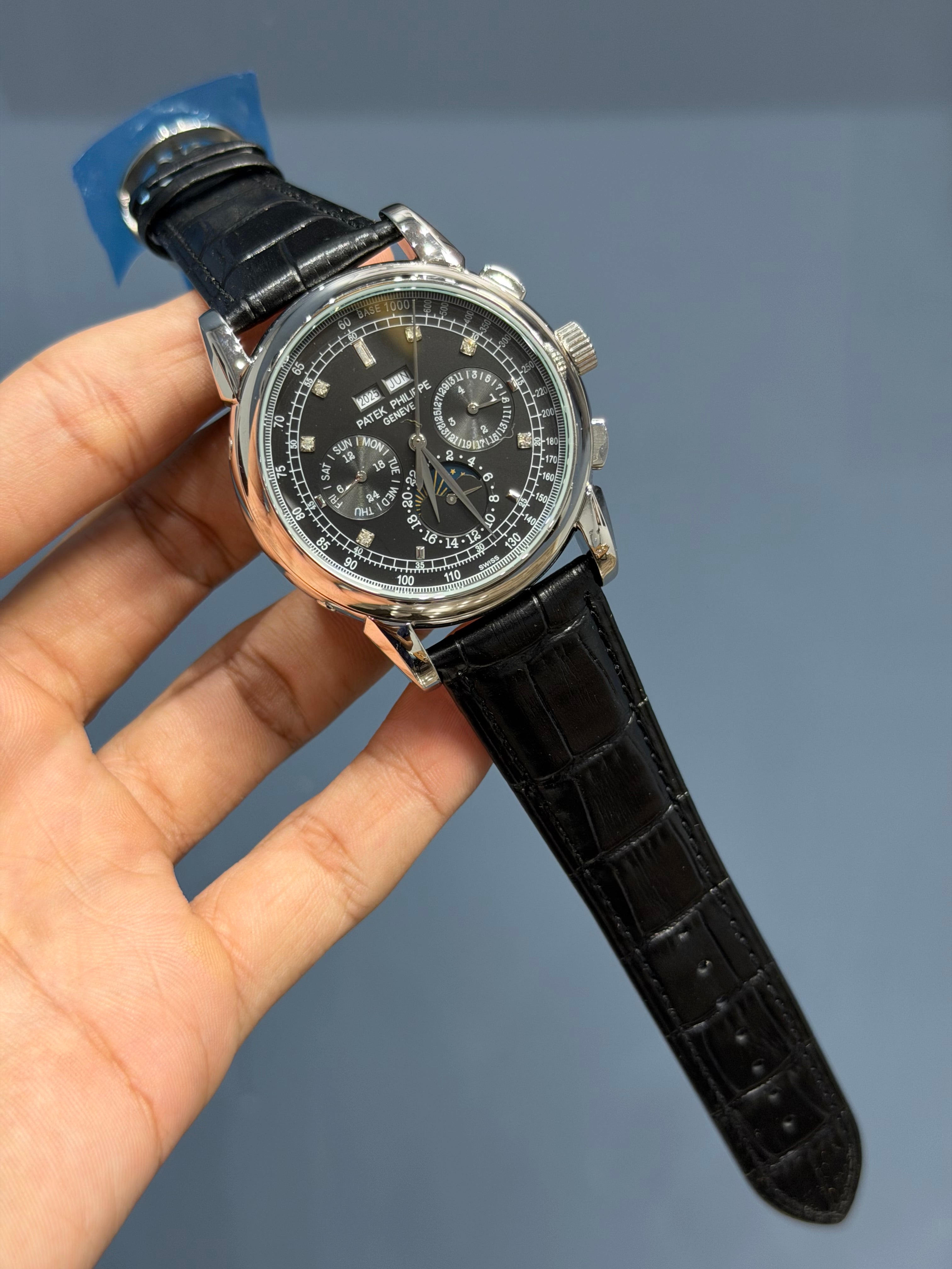 NEW COLLECTION CHRONOGRAPH SILVER CASE WITH STONE BLACK DIAL & LEATHER STRAP
