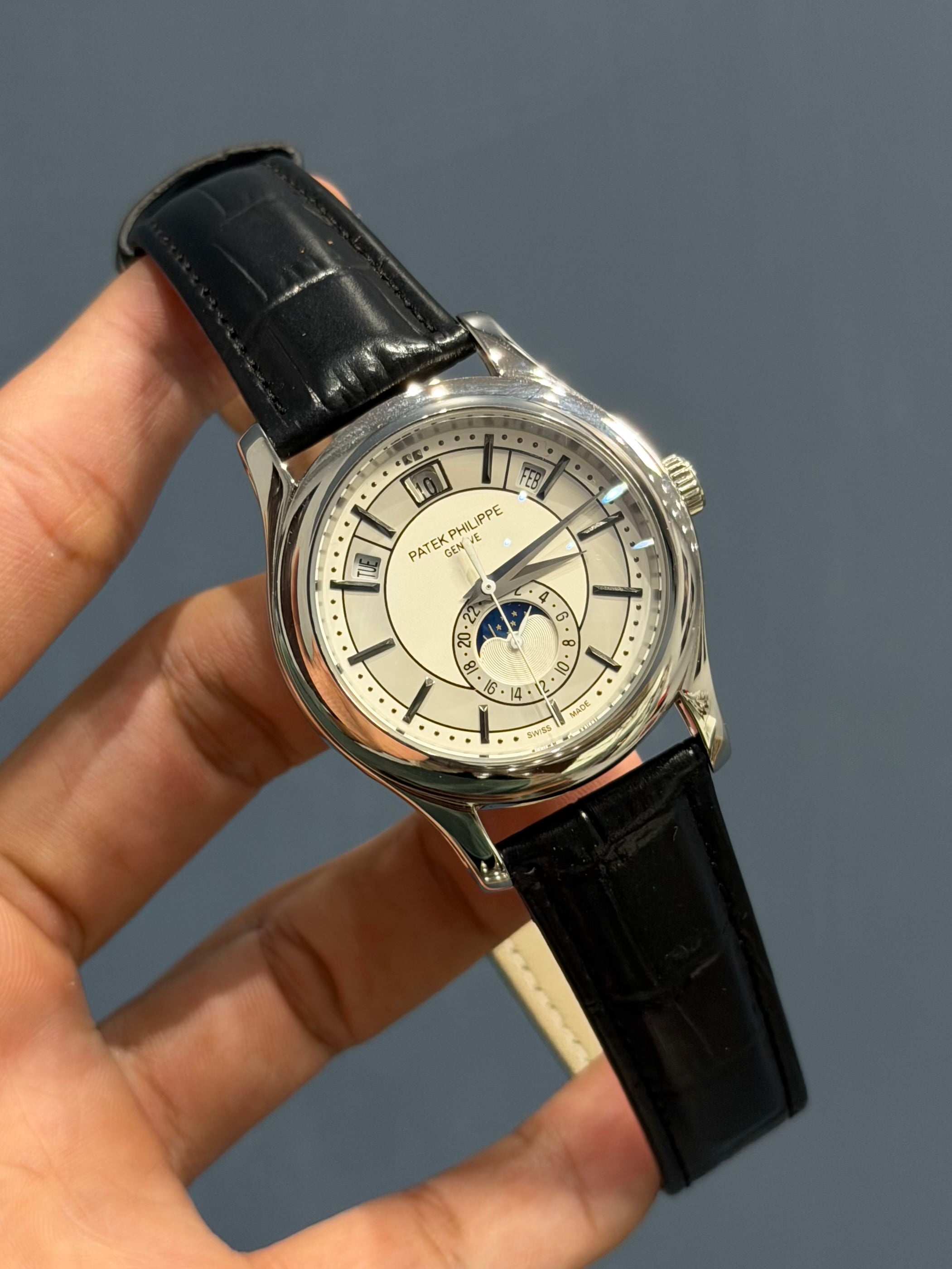 NEW COLLECTION MOON PHASE SILVER CASE WITH WHITE DIAL & BLACK LEATHER STRAP